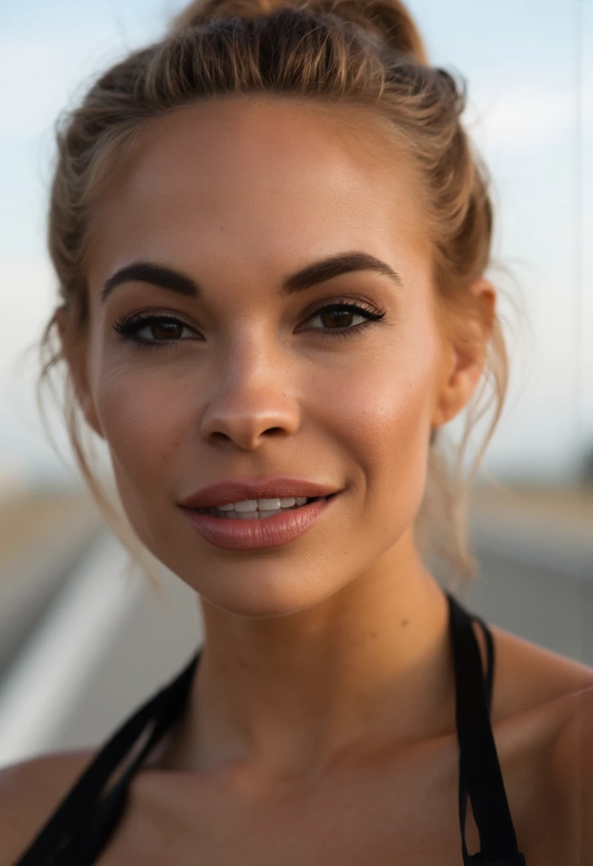 the image is a high-quality professional  close-up photograph of  beautiful danimathers  .She is looking directly at the viewer and smiling. The background is runway. This photo is a headshot. Shot with small amount of film grain