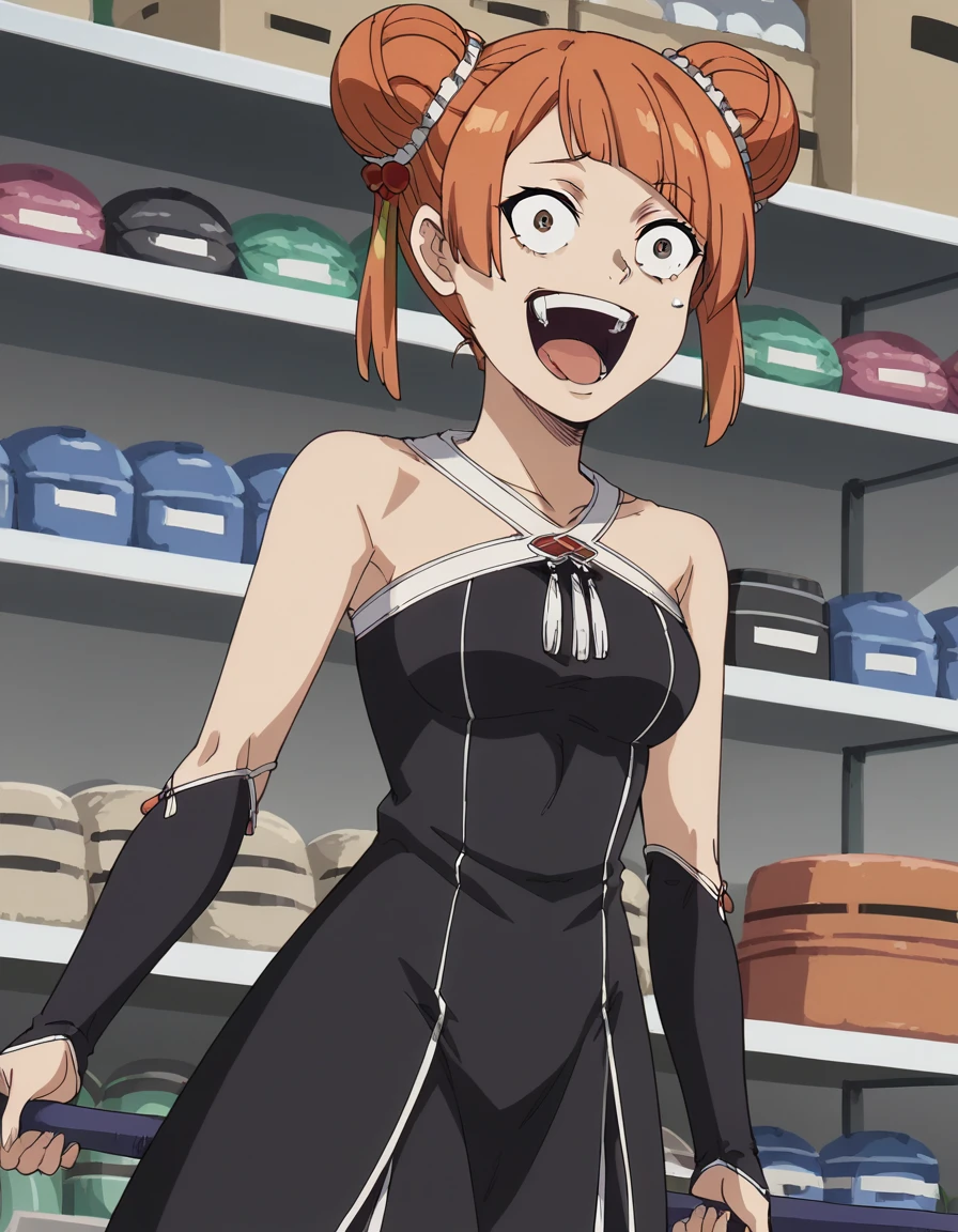 score_9, score_8_up, score_7_up, source_anime, <lora:laufen-s1-ponyxl-lora-nochekaiser:1>, laufen, hair bun, double bun, orange hair, brown eyes, hair ornament, medium breasts, anime screencap, dress, bare shoulders, black dress, halterneck, elbow gloves,, gym storeroom, equipment, supplies, cleaning, storage, smile, <lora:enel-face-ponyxl-lora-nochekaiser:1> enel face, open mouth, wide-eyed, teeth, tongue,, looking at viewer, solo,, dutch angle, cowboy shot