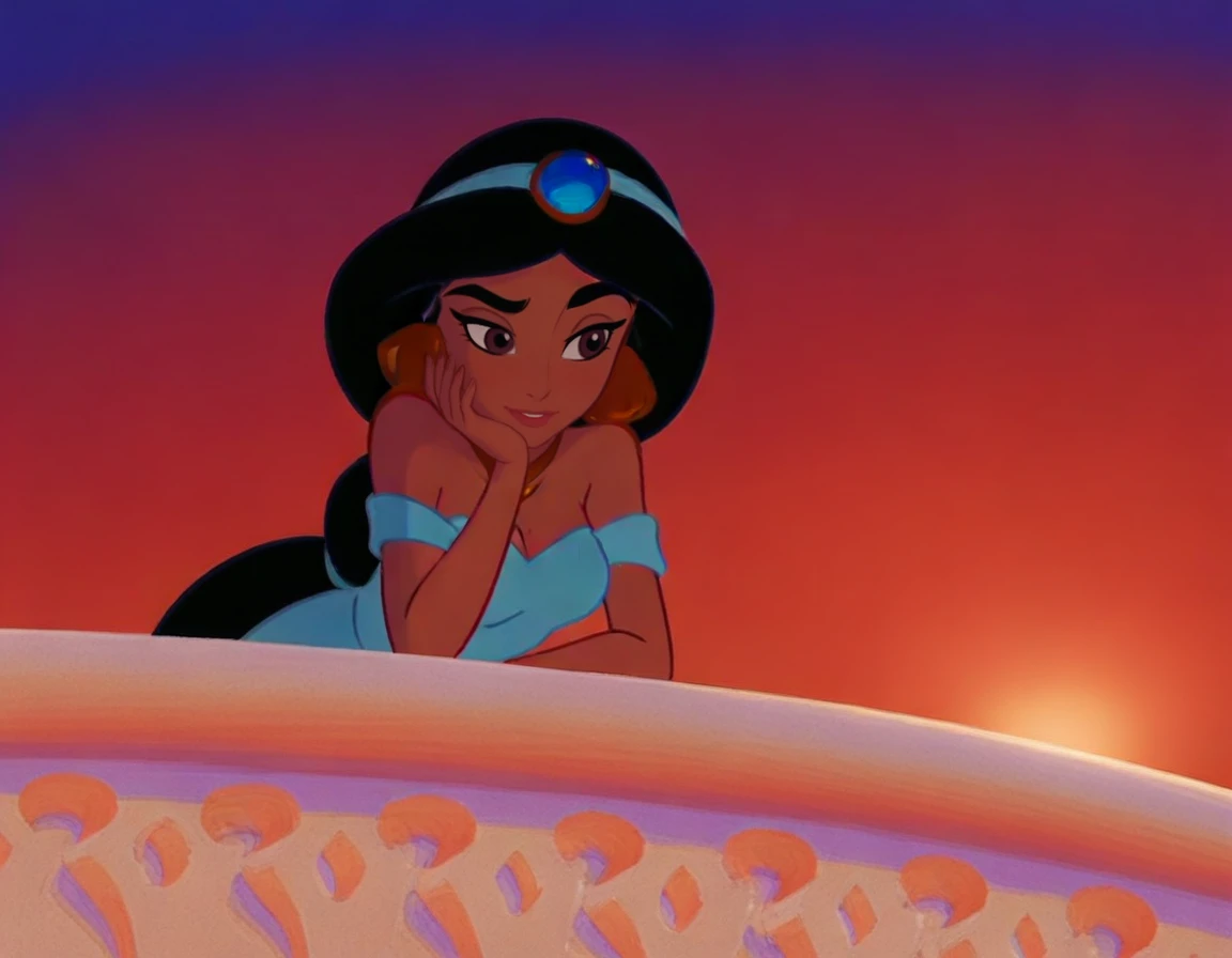 princess-jasmine, balcony, bored, frowning, blue outfit, blue headband, gold earrings, gold necklace, sunset  <lora:jasmine-fixed-64:1.2>