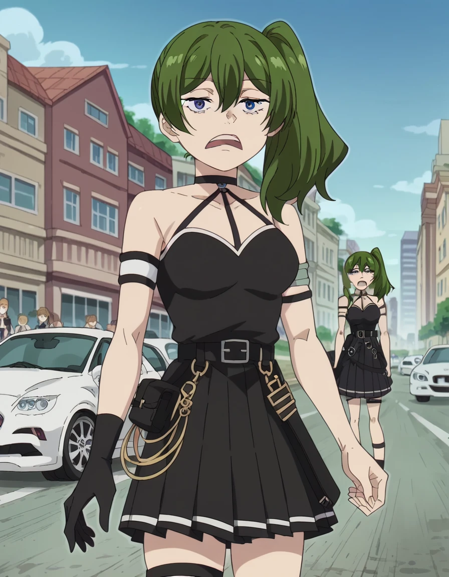 score_9, score_8_up, score_7_up, source_anime, <lora:ubel-s1-ponyxl-lora-nochekaiser:1>, ubel, medium hair, hair between eyes, green hair, side ponytail, purple eyes, medium breasts, anime screencap, skirt, gloves, dress, bare shoulders, pleated skirt, sleeveless, black gloves, elbow gloves, belt, miniskirt, black skirt, black dress, thigh strap, sleeveless dress, halterneck, armband, single glove, black belt, pleated dress, arm strap,, street, cars, buildings, city, people, , <lora:strawhat-huh-face-ponyxl-lora-nochekaiser:1> strawhat huh face, strawhat huh face, open mouth, teeth,, looking at viewer, solo,, dutch angle, cowboy shot