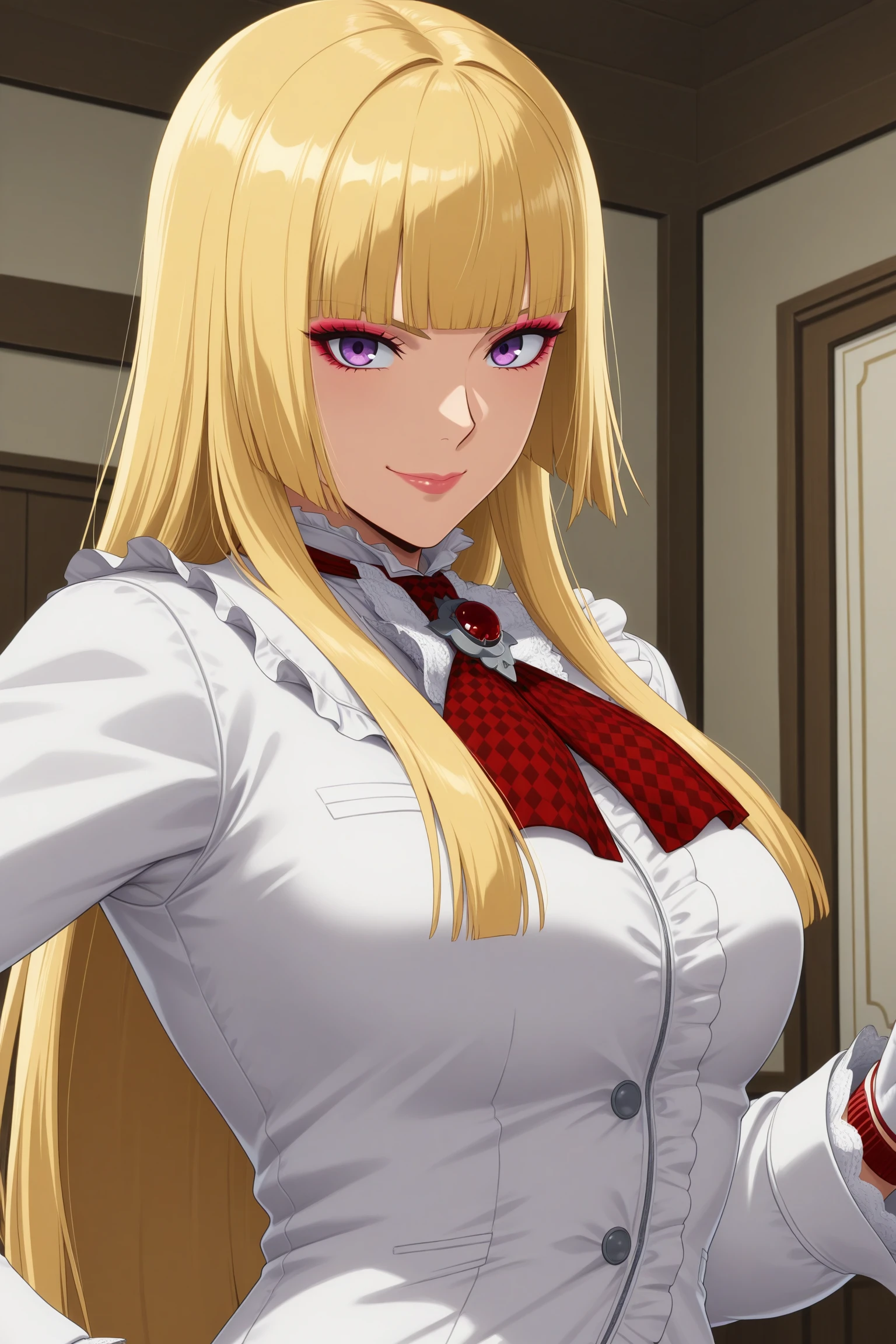 masterpiece, best quality, amazing quality, highres, absurdres, very aesthetic, high resolution, ultra detailed, perfect details, 1girl, solo, indoors, medium breasts, lilit5p2, long hair, hime cut, blonde hair, blunt bangs, purple eyes, makeup, eyeshadow, lips, white jacket, white skirt, frills, frilled jacket, frilled skirt, white gloves, fingerless gloves, brooch, red neckerchief, white footwear, knee boots, high heel boots, <lora:Emilie_de_Rochefort_T5P2_ILXL:0.8>, (aged up:1.5), (upper body:1.8), (pose:1.2), smile, looking at viewer, (anime screencap:1.5), (anime coloring:1.5)