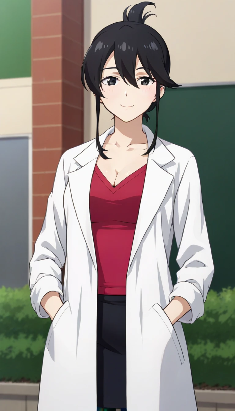 score_9,score_8_up,masterpiece,best quality,correct anatomy,anime_source,1girl,solo,alone,perfect eyes,perfect arms,perfect legs,perfect face,outdoors,upper body,(portrait:1.5),looking at viewer,facing viewer,smile,blush,Female doctor,black hair,long hair,folded ponytail,hair up,sidelocks,hair between eyes,bangs,black eyes,collarbone,labcoat,cleavage,red shirt,long sleeves,hands in pockets,medium breasts,skindentation,miniskirt,pencil skirt,black skirt,black pantyhose,high heels,black footwear,<lora:Female doctor(ek)-Pony:1.2>,