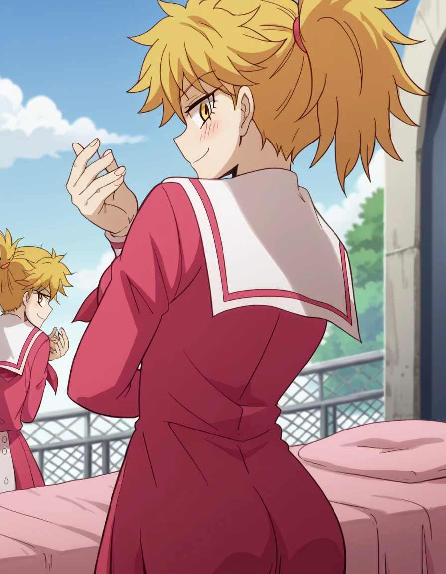 score_9, score_8_up, score_7_up, source_anime, <lora:yuuka-sasaki-s1-ponyxl-lora-nochekaiser:1>, yuuka sasaki, short hair, blonde hair, yellow eyes, ponytail, anime screencap, dress, school uniform, sailor dress, red neckerchief, white sailor collar,, amusement park, rides, crowds, fun, colorful, smile, <lora:dio-brandos-pose-ponyxl-lora-nochekaiser:1>, dio brandos pose, dio brando's pose (jojo), back, ass, from behind, jojo pose, standing, blush, smile, bed room,, looking at viewer, solo,, dutch angle, cowboy shot