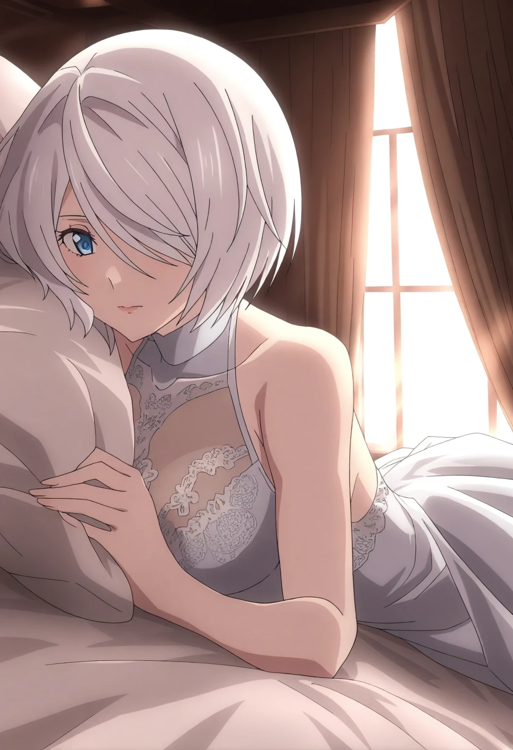 <lora:2B (YoRHa 2-gou B-gata) - [NieR - Automata Ver1.1a] - illustriousXL v1:1>, sysdeep_2b, style parody, white hair, blue eyes, solo, delicate lace, sunlight through window, lying on bed, dreamy atmosphere