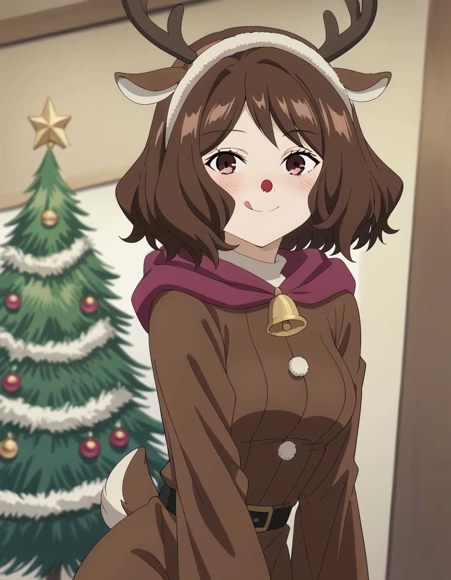 score_9, score_8_up, score_7_up, source_anime, <lora:ehre-s1-ponyxl-lora-nochekaiser:1>, ehre, short hair, brown hair, brown eyes, medium hair, medium breasts, anime screencap, <lora:reindeer-costume-ponyxl-lora-nochekaiser:1>, reindeer costume, animal costume, reindeer antlers, antlers, fake antlers, reindeer hood, christmas, red nose, deer ears, deer tail, christmas tree, bell, horns, reindeer,, blush, smile, tongue out, looking at viewer,, , dutch angle, cowboy shot