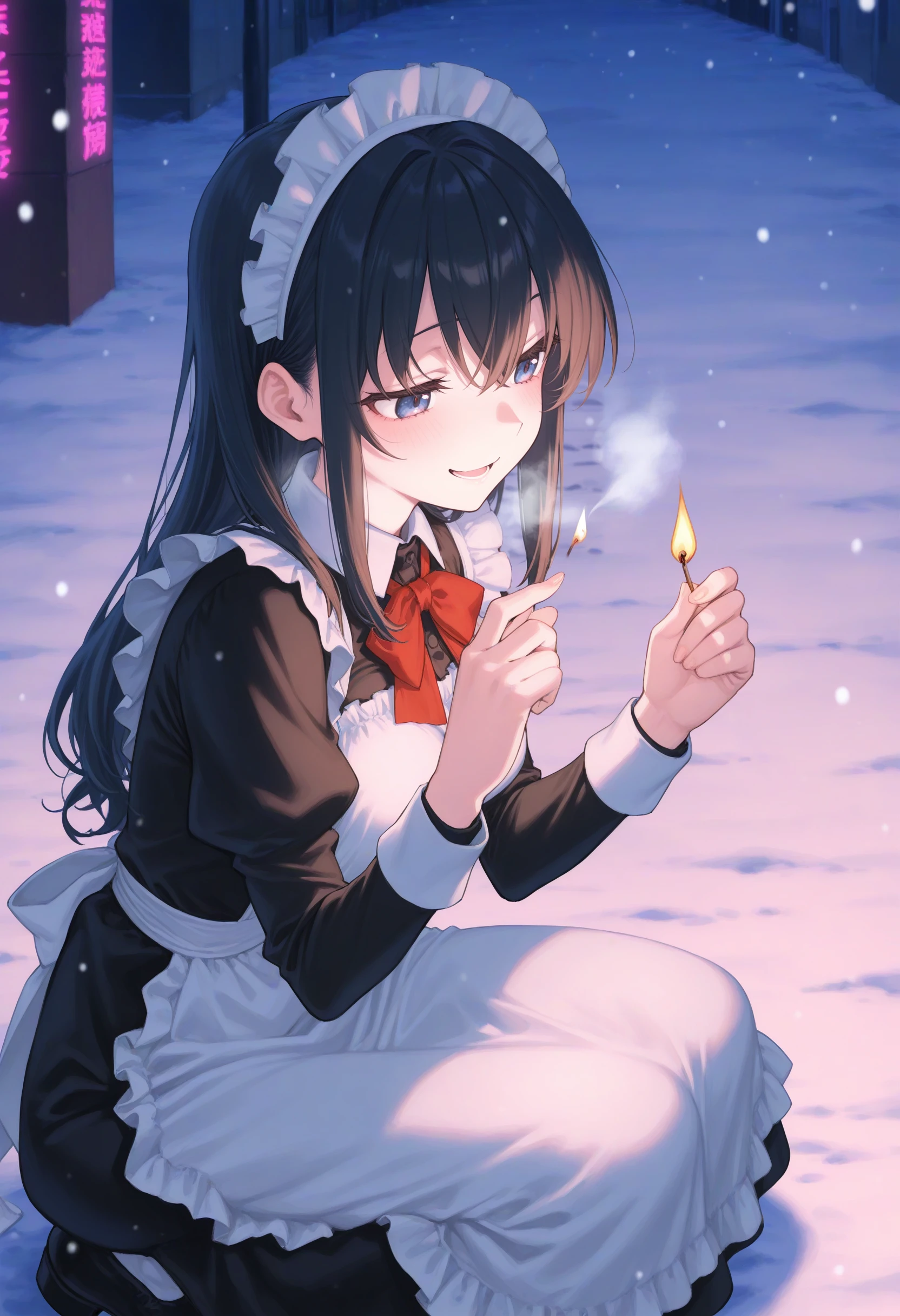 1girl,(sho \(sho lwlw\):0.7),(toosaka asagi:0.5),(sincos:0.3),solo,
masterpiece, best quality, newest, absurdres, CG, anime, source anime, illustration,
maid, maid headdress,medium breasts,
matches ,fire,outdoors, snowing, cold ,snow, winter,night, squatting,  long sleeves, breath ,<lora:matches_Illust_v1:0.8>
dutch angle, cowboy shot, looking back, black hair, silver eyes,smirk, rainy night in a cyberpunk city with glowing neon lights, open mouth, drill hair,