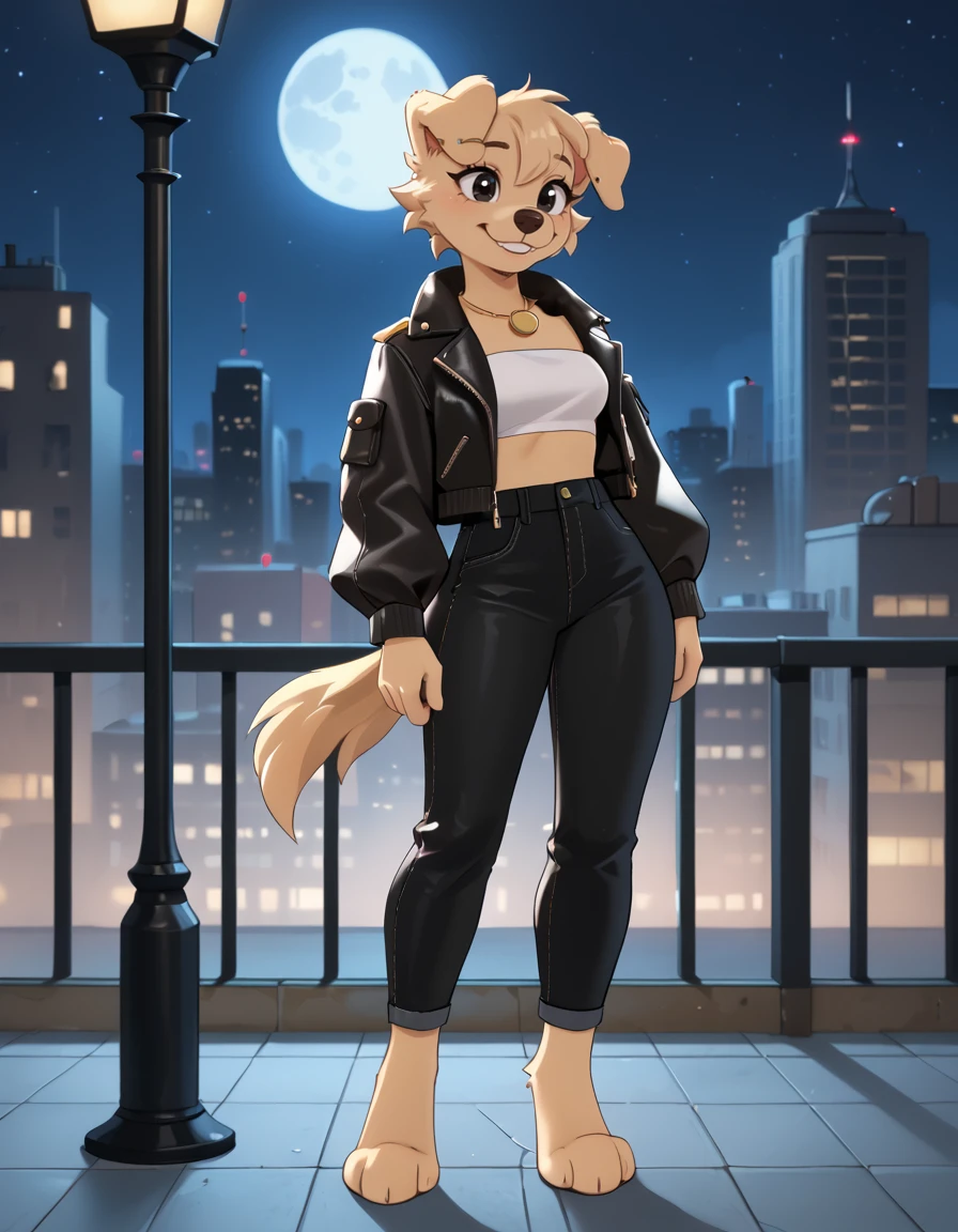 outdoors,city,night,night sky,full moon,
full body,smile,long eyelashes,
leather pants,tube top,leather jacket,
<lora:Bherri_v01_PDXL:1>,Bherri,1girl,solo,furry female,dog girl,dog ears,dog tail,short hair,blonde hair,bangs,body fur,brown fur,two-tone fur,animal nose,black eyes,