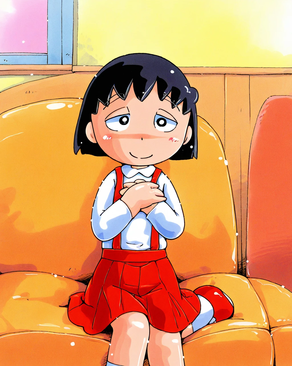 masterpiece, best quality, hoshinofuuta, 1girl, solo, female child, chibi, cbmrk, black hair, white shirt, suspender skirt, red skirt, red shoes, hands on own chest, hands together, smile, , sitting, cowboy shot, looking at viewer, (living room:1.2)