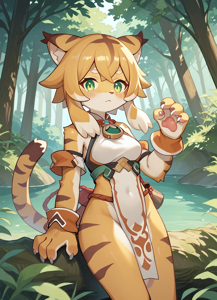 score_9,score_8_up,score_7_up,score_6_up,score_5_up,score_4_up, best quality, masterpiece, good hands,
1girl, solo, mia_(world_flipper), yellow fur, furry female, furry, tiger girl, tail, :3, medium breasts, green eyes, light blush, claws, 5fingers,
forest, outdoors, loincloth, white bodysuit, pawpads, 