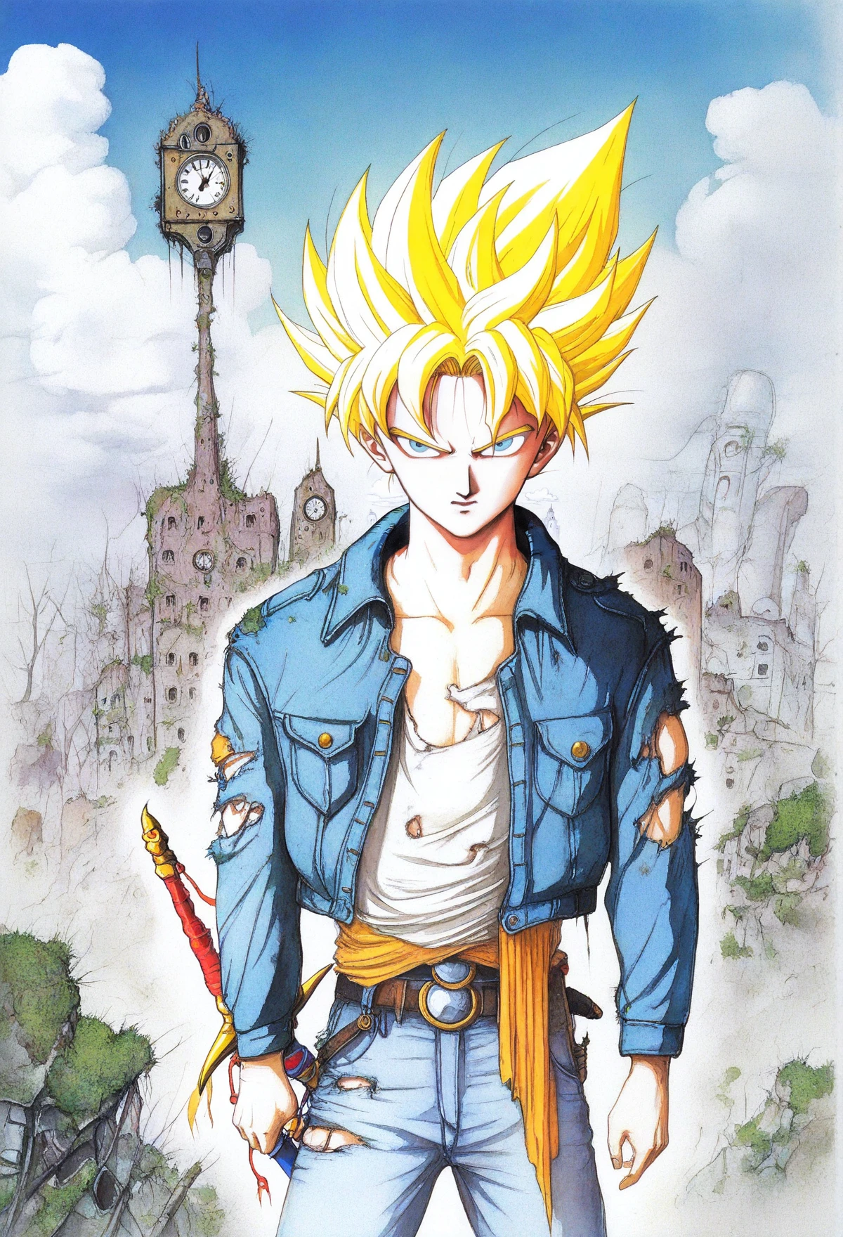 amano yoshitaka, abstract, watercolor \(medium\), masterpiece, best quality,
cover, scan, Vintage, 1990s \(style\), 1boy, trunks \(future\), spiked hair, super saiyan, blonde hair, denim jacket, sword, torn clothes, cowboy shot, sky, city, tree, cloud, post-apocalypse, destruction, clock, moss, overgrown
masterpiece, best quality, newest, absurdres, highres,
newest, absurdres, highres <lora:YOSHITAKA_AMANO_IL:1.5>