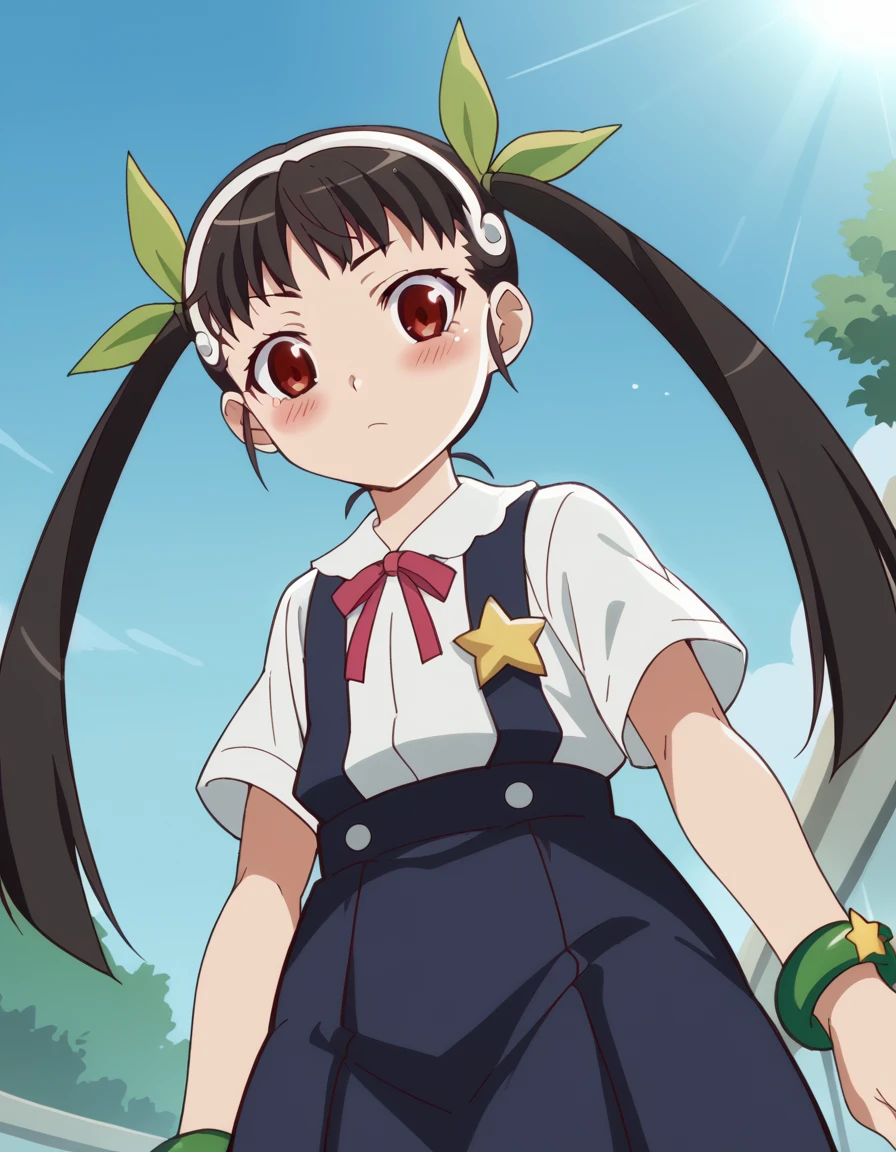 score_9, score_8_up, score_7_up, source_anime, <lora:mayoi-hachikuji-offmonster-ponyxl-lora-nochekaiser:1>, mayoi hachikuji, long hair, black hair, red eyes, ribbon, twintails, hair ribbon, hairband, anime screencap, skirt, jewelry, bag, star (symbol), bracelet, suspenders, green ribbon, suspender skirt,, conservatory, plants, glass roof, sunlight, greenery, , <lora:pec-pov-ponyxl-lora-nochekaiser:1> pec pov, pec pov (meme), meme, looking down, from below, blush, cowboy shot, looking at viewer, solo,, dutch angle, cowboy shot