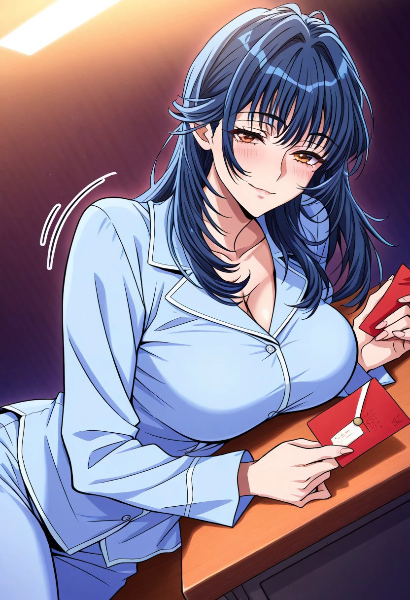 masterpiece, best quality, newest, highres, uncensored, 1girl, yokota mamoru style,1girl, slender face，motion lines,torogao,looking at the viewer,seductive smile,blush
Takeda Yukie,Blue Hair,Long Hair,Big Breasts,Amber Eyes,Slim,Slender Face,
Pajamas, lights, desk, lying on the desk, gentle eyes, holding postcards，1girl，solo,Takeda Yukie,Blue Hair,Long Hair,Big Breasts,Amber Eyes,Slim,Slender Face