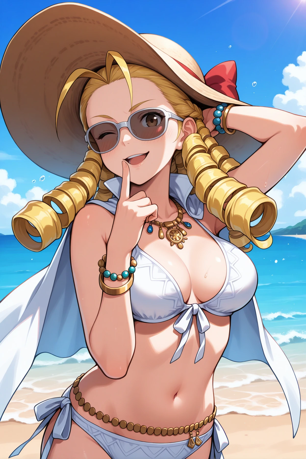 masterpiece, best quality, 1girl, solo, <lora:kanzukikarin-illu-nvwls-v1-000005:1> sfkrn, blonde hair, hair pulled back, ringlets, antenna hair, brown eyes, sun hat, white capelet, sunglasses, white bikini, front-tie bikini, belly chain, bracelet, open mouth, blush, beach, splash, wave, blue sky, clouds, wink, smirk, finger to own mouth