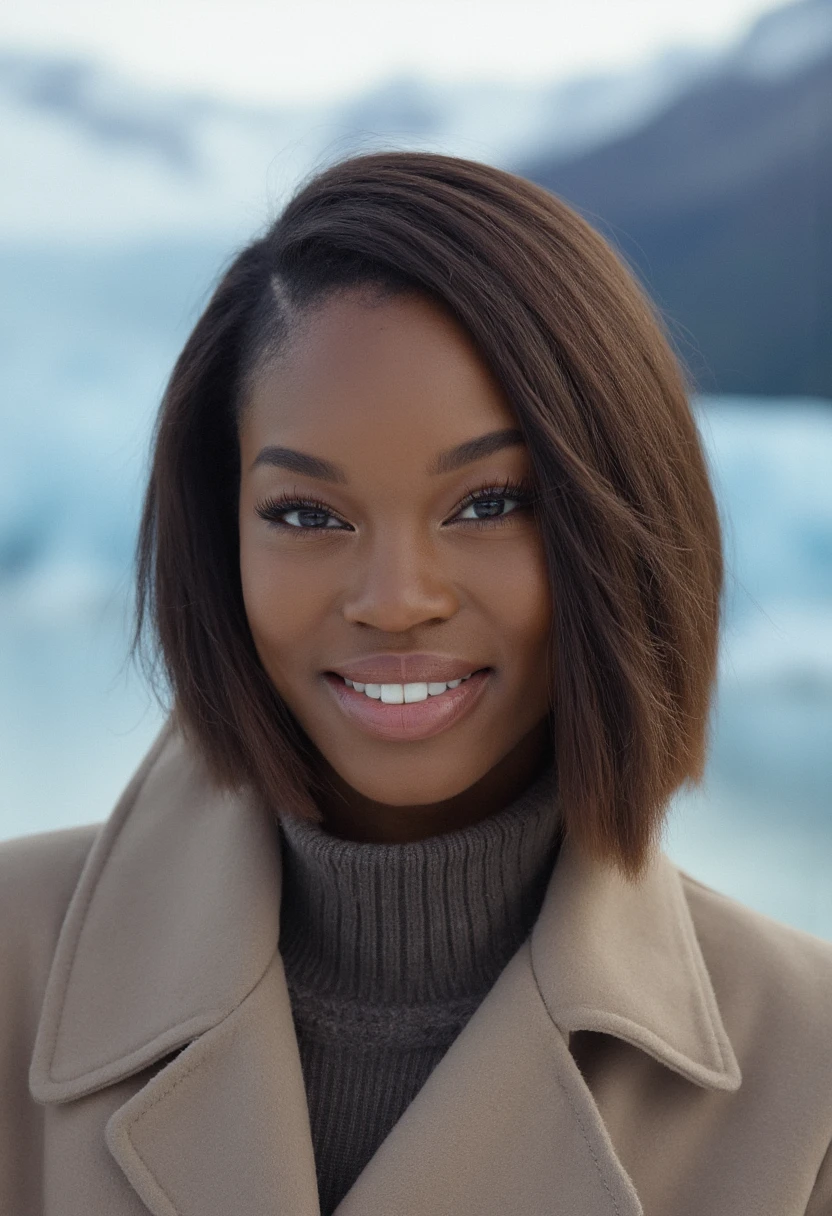 the image is a high-quality professional  close-up photograph of  beautiful eugenawashington. She is wearing long coat. She is looking directly at the viewer and smiling. The background is glacier. This photo is a headshot. Shot with small amount of film grain. This is a SFW image. 