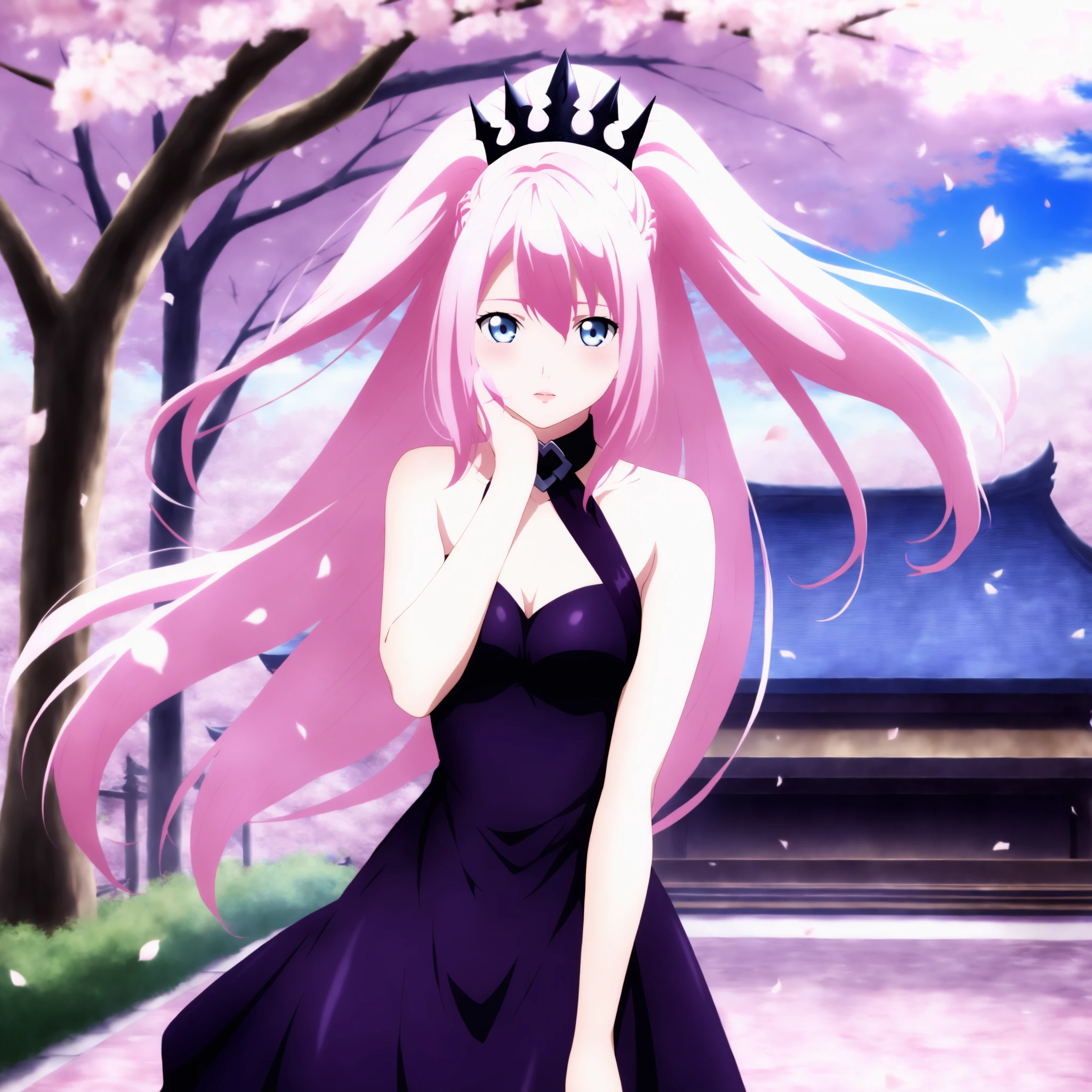 masterpiece,best quality, 1girl, solo, two side up, 15_Shionne_01B, shionne 01b, pale skin, (long hair),pink hair, (blue eyes),medium breast size,1girl black dress, dress, solo,dress, bare shoulders, sleeveless, sleeveless dress, black crown, purple dress , looking up, hand on the chin, ,  wind,  floating hair, standing,  thinking, very beautiful, so attractive, high detail background, cherry blossom trees,  <lora:Shionne_Black_Dress-000014:0.9>