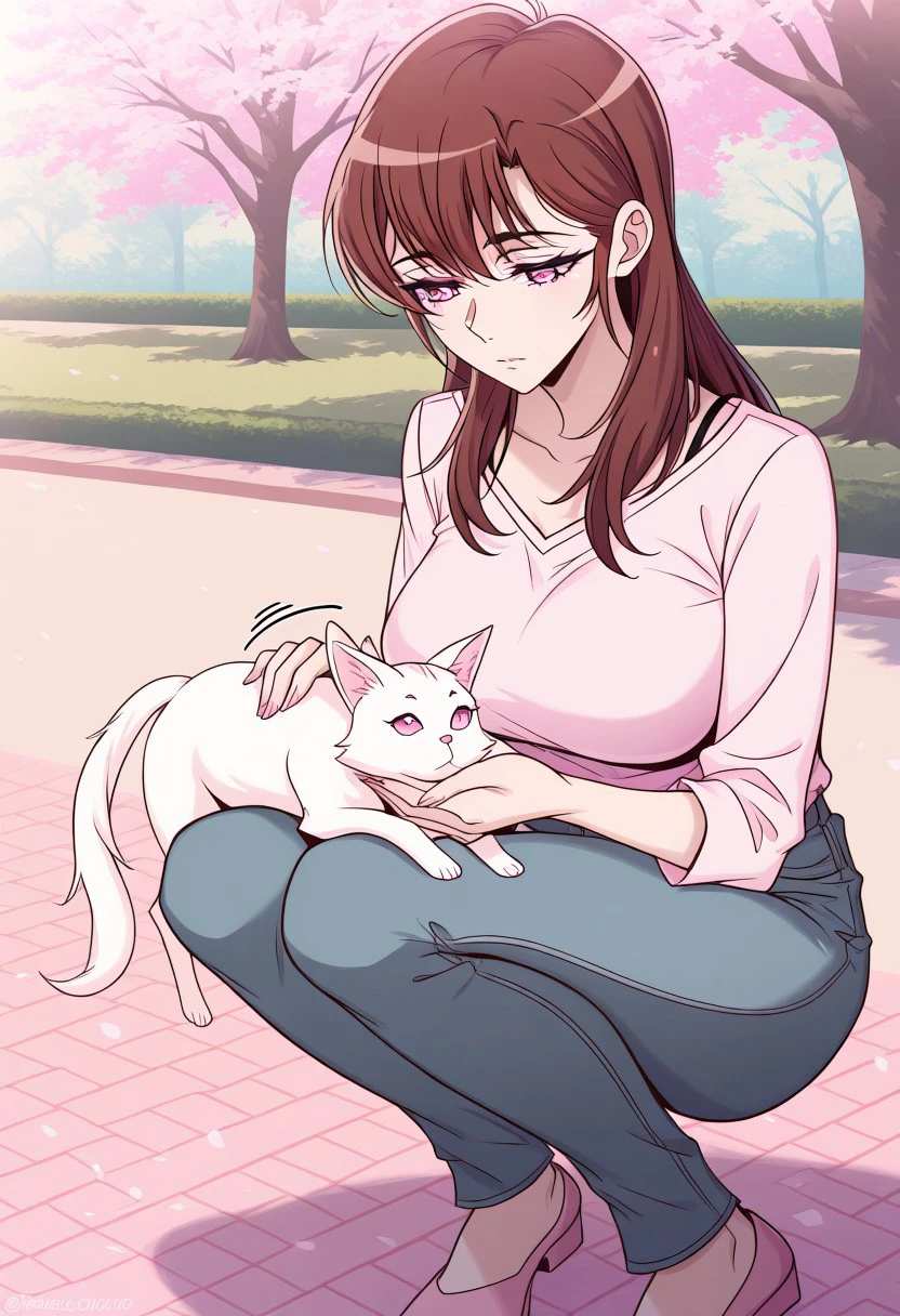 masterpiece, best quality, newest, highres, uncensored, 1girl, yokota mamoru style,1girl, slender face，motion lines,
 Kitazawa Makiko, brown hair, long hair, large breasts, pink eyes,Slim,bang,The long bangs in the middle,Straight bangs
expressionless, squatting, looking down, petting cat, outdoors, park, masterpiece, best quality, paste colors, pastel theme, kawaii colors, faded，1girl，solo,