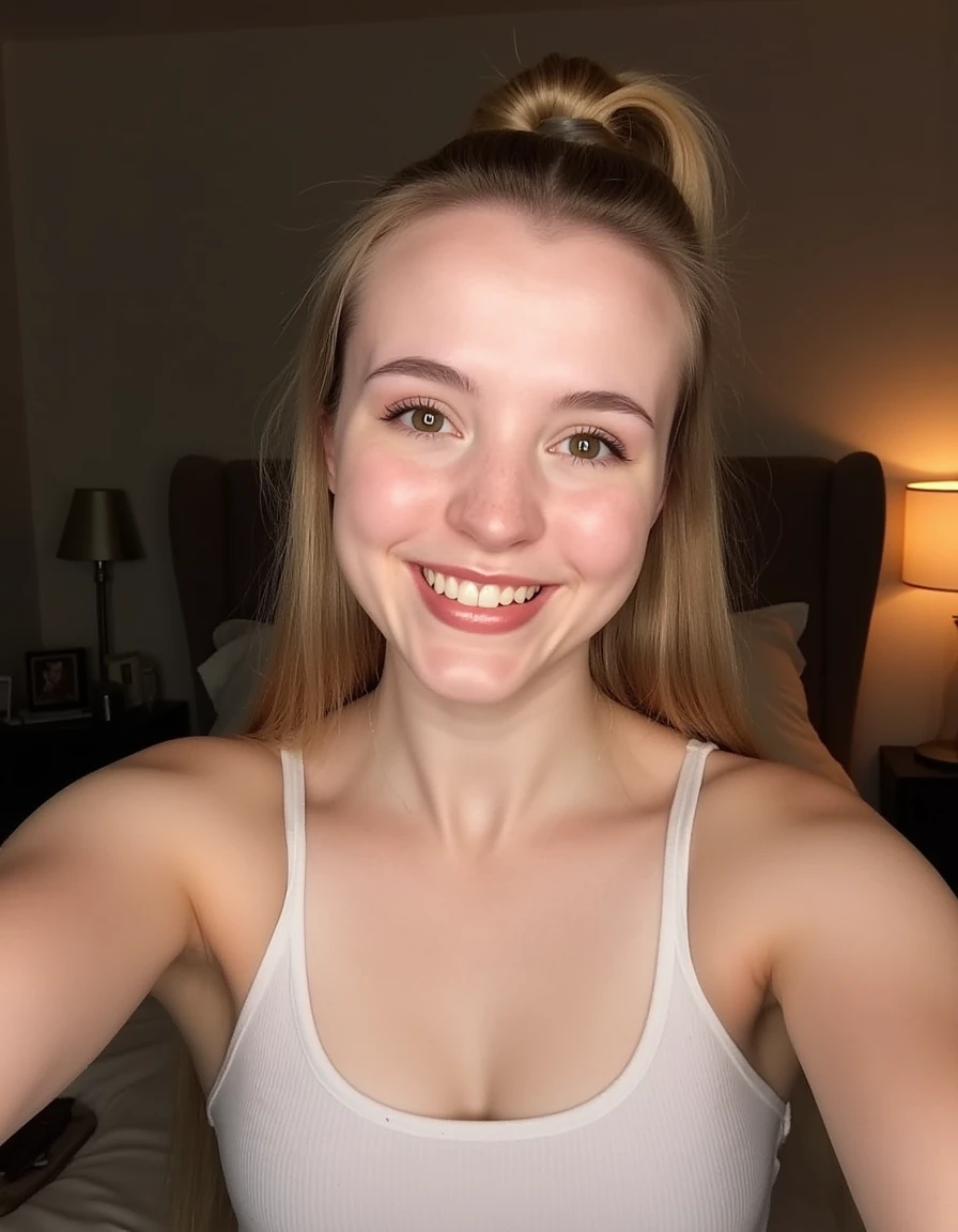 This is a selfie of 3L41R1D4, a beautiful detailed photograph, light makeup, standing in a room looking at the viewer, lamp light illuminating her face, smiling, showing her teeth.