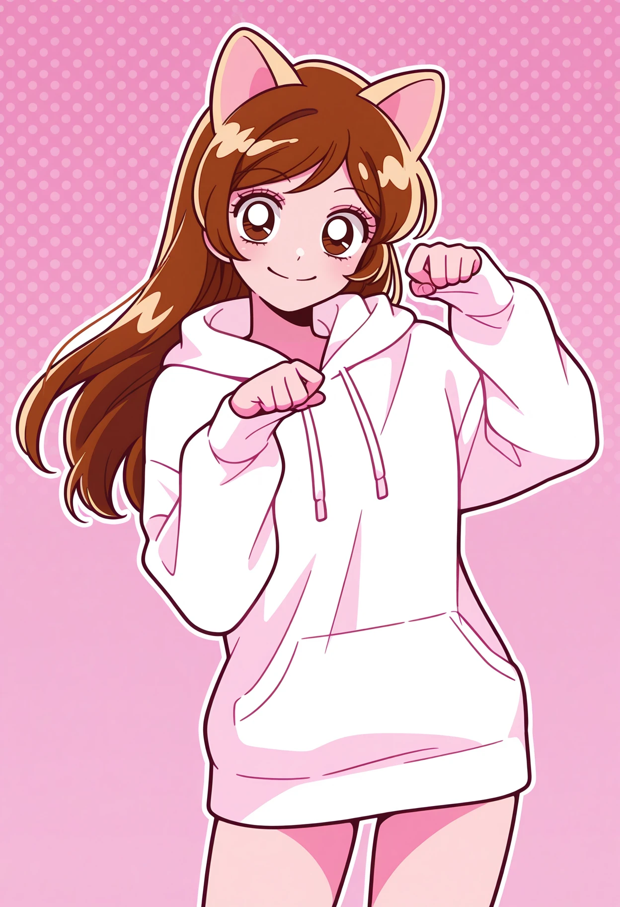 masterpiece, best quality,1girl,solo, looking at viewer, <lora:m_nanami-000008:1>, m_nanami, brown hair, brown eyes,long hair, 
1girl, solo, :3, smile, paw pose, pastel colors, pink theme, 80's theme, city pop, colorful, thick outline, vector graphics, abstract background, animal ears, white hoodie, cowboy shot,