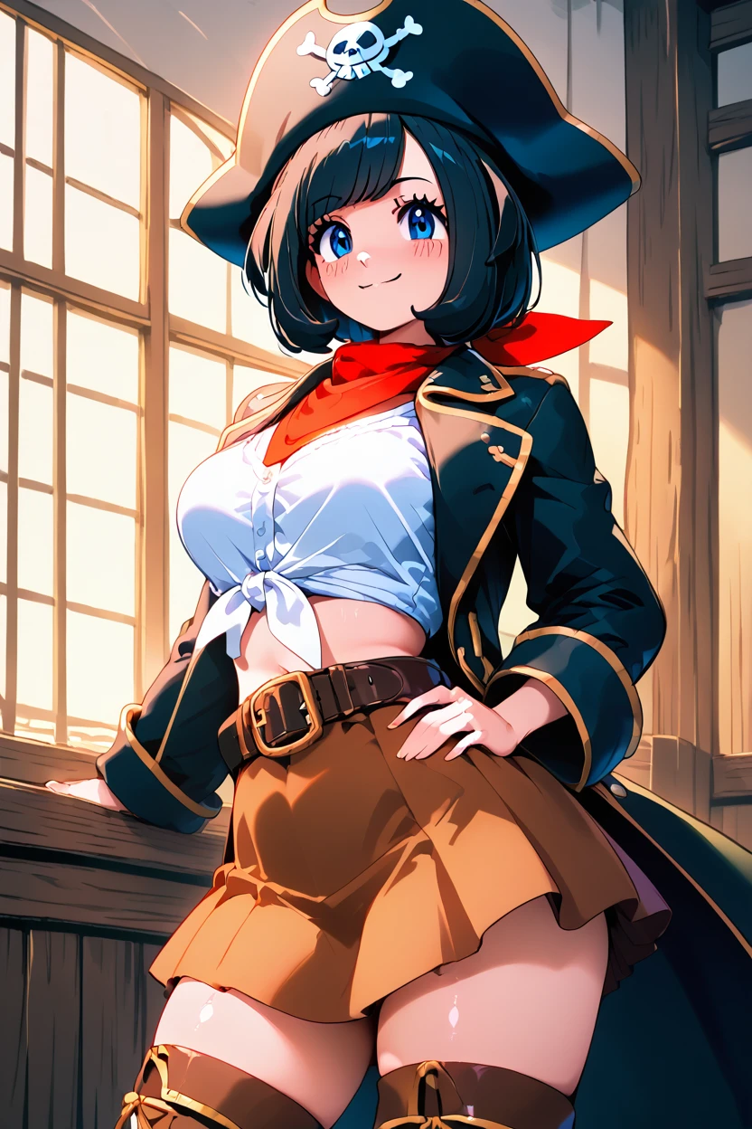 score_9, score_8_up, score_8, medium breasts, (curvy), cute, eyelashes,      ,,,  zzSSeleneCitron, blue eyes, black hair, short hair,  shirt, hat, white shirt, pirate hat, skirt, thighhighs, boots, belt, brown skirt,  <lora:SwashbucklerSelenePDXL:1.0>, BREAK, smile, closed mouth, looking at viewer, cowboy shot, ,,, embedding:zPDXL, Expressiveh, ,,, <lora:Konpeto_PDXL_v3:1.0>, <lora:SDXLFaeTastic2400:0.5>, <lora:Expressive_H-000001:0.4>,