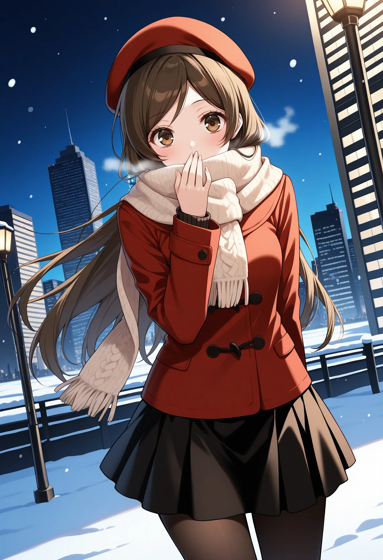 masterpiece, best quality, absurdres, 1girl, looking at viewer, <lora:m_nanami-000008:1>, m_nanami, brown hair, brown eyes,long hair, 
red tailored wool coat, black velvet midi skirt, knitted scarf, elegant beret,pantyhose, 
outdoors, night, skyline, skyscraper, snow, winter, cold, visible breath, covering own mouth, looking at viewer,cowboy shot, dutch angle,