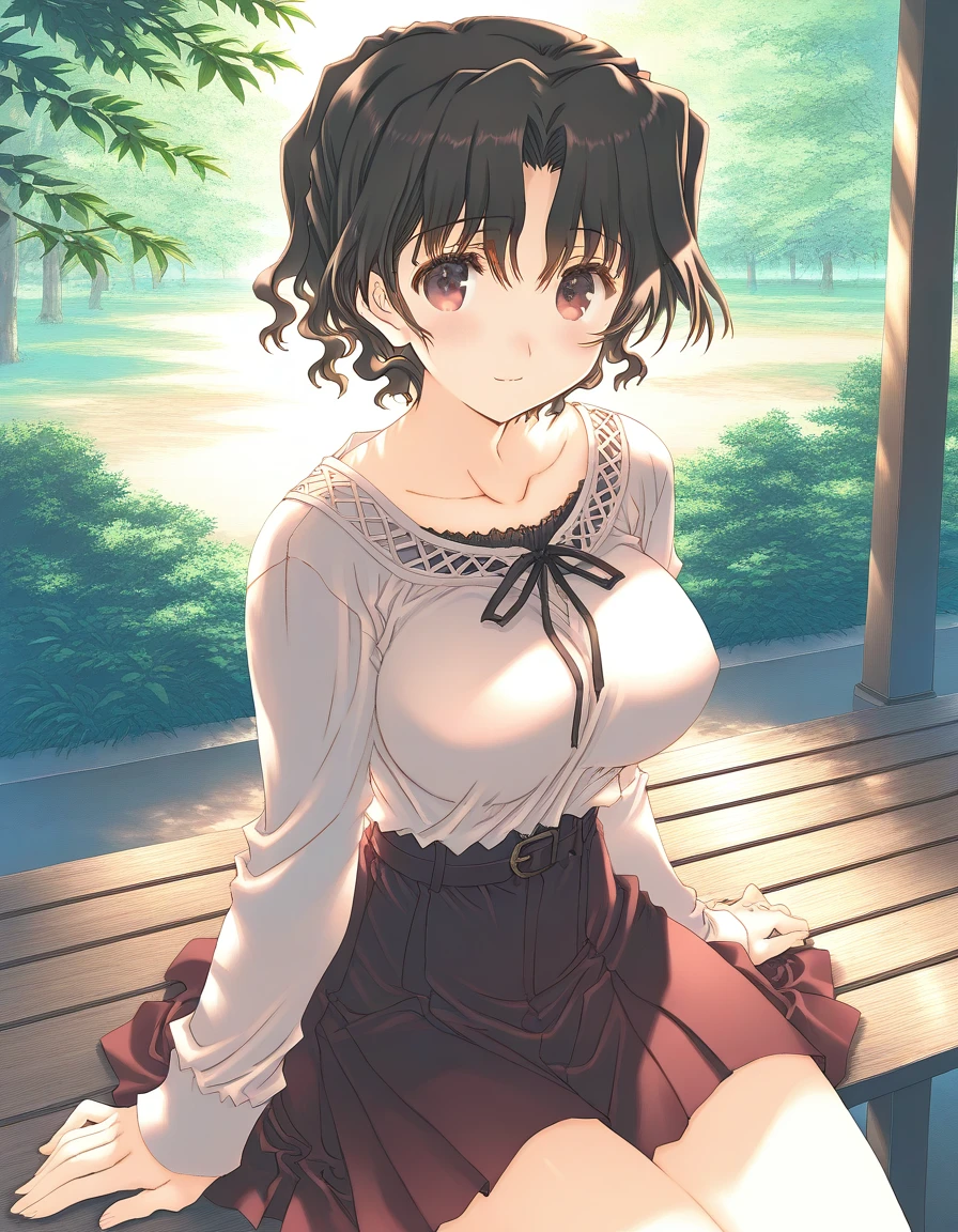 general,highres, ultra-detailed,very aesthetic,best quality ,best hands, BREAK <lora:Yuzuhara_Haruka_IS:1>Yuzuhara_Haruka, 1girl,solo, short hair, black hair, brown eyes, wavy hair, large breasts, mitsumi misato style,
solo, brown hair, looking at viewer, smile, collarbone, red eyes, bangs, blush, outdoors, purple eyes, light smile, sitting