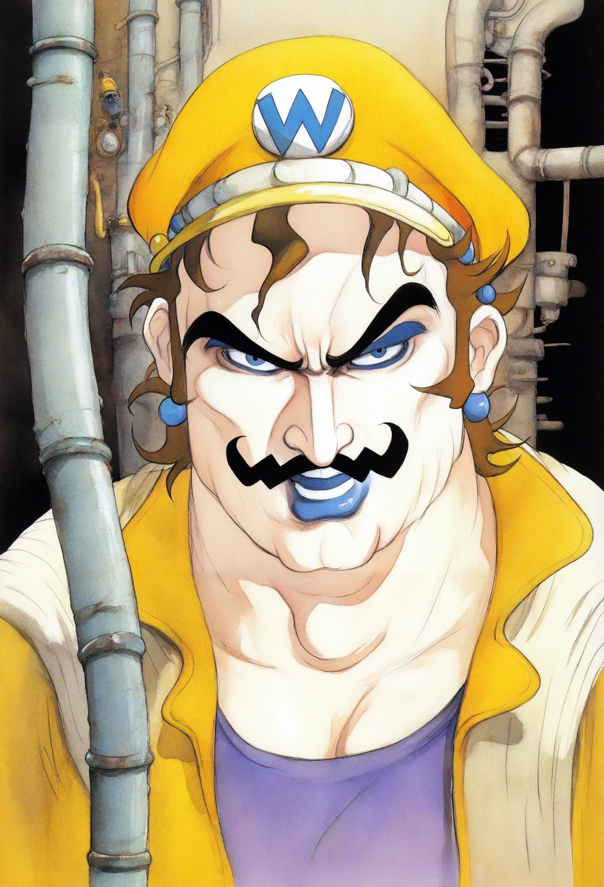 amano yoshitaka, abstract, watercolor \(medium\), masterpiece, best quality,
cover, scan, Vintage, 1990s \(style\), 1boy, wario, moustache, yellow hat, upper body, half-closed eyes, parted lips, jojo no kimyou na bouken, dungeon, industrial pipe,
masterpiece, best quality, newest, absurdres, highres,
newest, absurdres, highres <lora:YOSHITAKA_AMANO_IL:1.25>