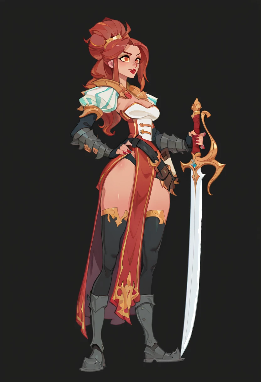 <lora:Mobile_Game_Collection_-_Mad_Tale_Style:1> madtalestyle, woman, fantasy settings, masterpiece, best quality, newest, absurdres, highres, rpg hero, sword saint, 1girl, orange eyes, Mahogany hair