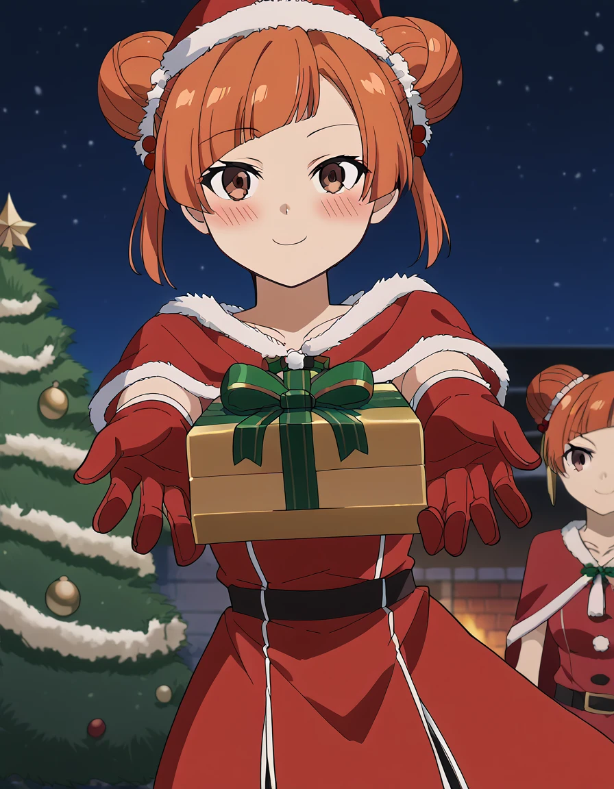 score_9, score_8_up, score_7_up, source_anime, <lora:laufen-s1-ponyxl-lora-nochekaiser:1>, laufen, hair bun, double bun, orange hair, brown eyes, hair ornament, medium breasts, anime screencap, <lora:santa-costume-ponyxl-lora-nochekaiser:1>, santa costume, santa hat, christmas, sack, merry christmas, gift, fur-trimmed headwear, holding sack, santa dress, fur-trimmed dress, christmas tree, christmas tree, fur trim, red capelet, gift box, red gloves, fur-trimmed capelet, santa gloves, red hat, hat,, smile, blush, looking at viewer, <lora:incoming-gift-ponyxl-lora-nochekaiser:1>, incoming gift, outstretched arms, holding, holding gift, gift, gift box,, , dutch angle, cowboy shot