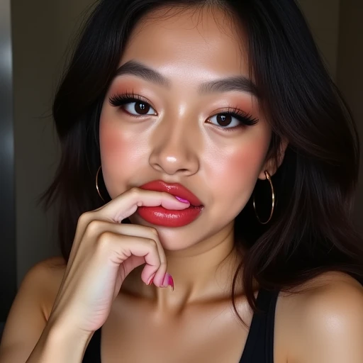 A close up of a woman with a red lipstick and a black top - SeaArt AI