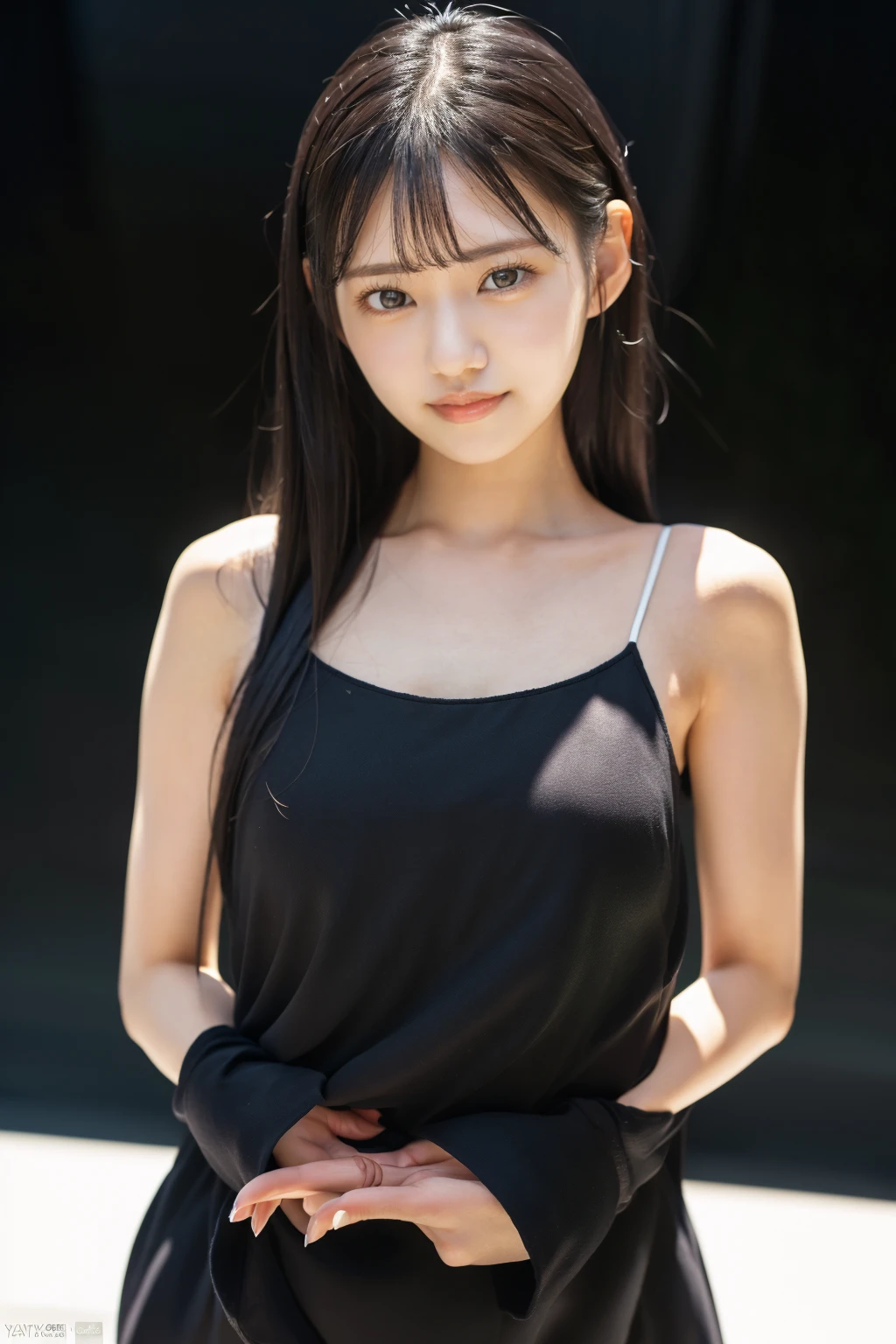 <lora:umi-yatsugake_kk:0.9>,1girl,smile,asian,brown eyes,breasts,black hair,lips,long hair,looking at viewer,sundress,realistic,solo,upper body ((black background, simple background)),umi-yatsugake,cowboy shot,thighs,