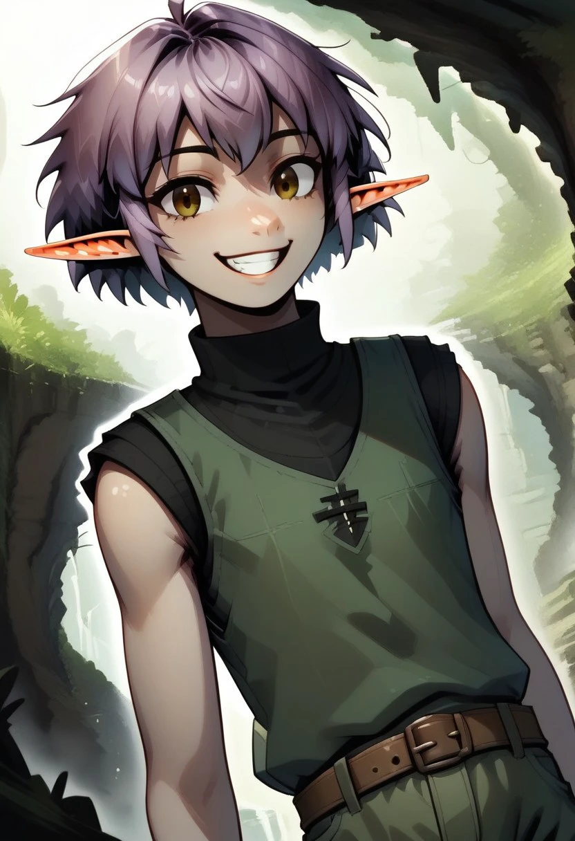 Parnea, 1 person, androgynous, solo, pointy ears, short hair, hazel eyes, lilac hair, green vest, black undershirt, turtleneck collar, green shorts, brown belt, brown boots,
organic cavern background,
Close up, happy, smiling, teeth,
Medieval style, Dutch angle,
Smooth colors, clean lines, high quality, best quality, masterpiece, score: 9, score: 8 up, rating: safe, source: semi-realistic,