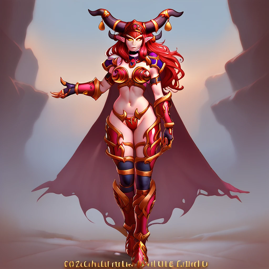 alexstrasza, full body, 1girl, horns, red hair, long hair, pointy ears, yellow eyes, breasts, armor, bikini armor, cape, horn ornament, navel, gauntlets, jewelry, looking at viewer