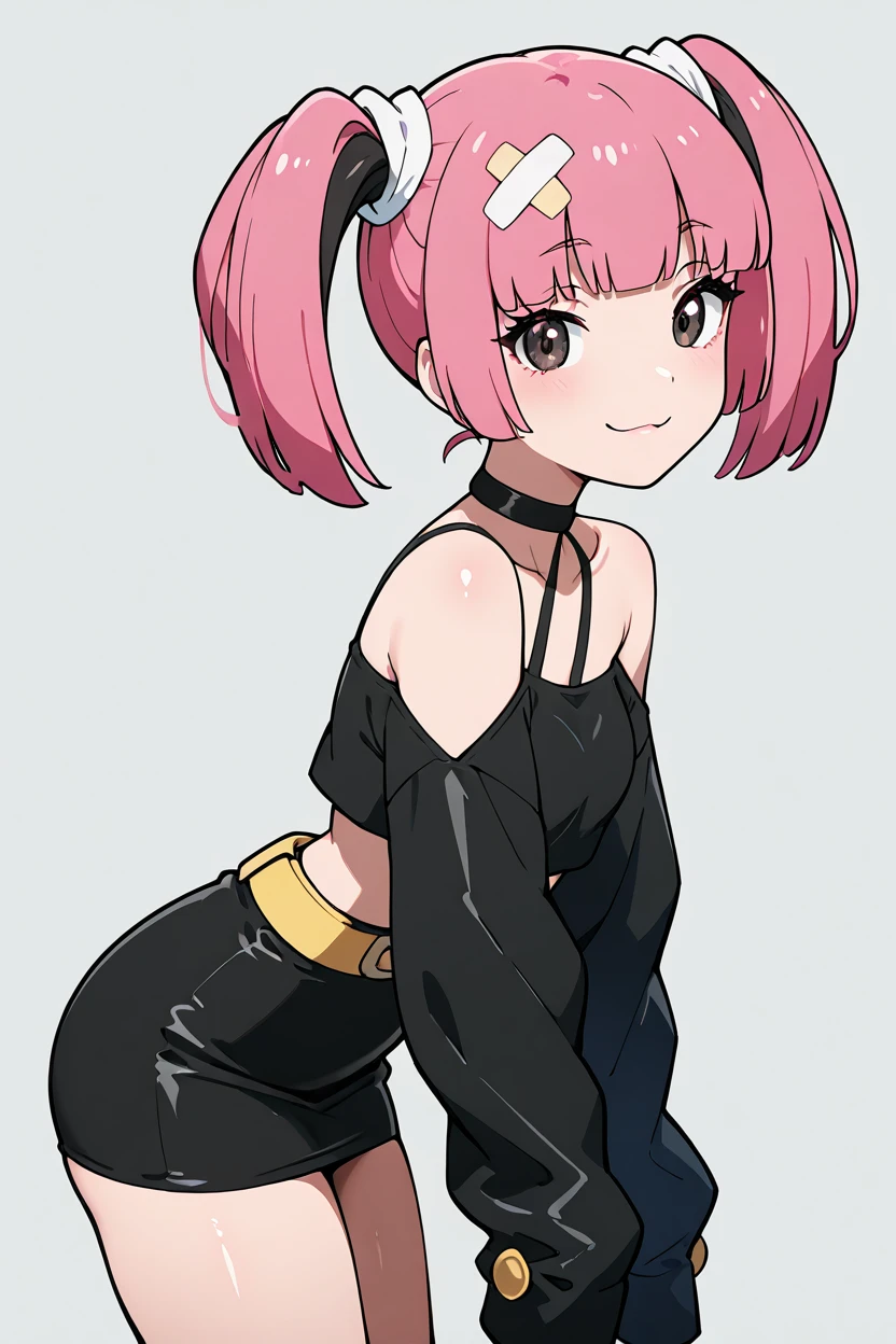 masterpiece, best quality, 1girl, solo, 21 year old model, eyelashes, (beautiful eyes), zzSango, pink hair, twintails, blunt bangs, hair ornament, belt, long sleeves, sleeves past fingers, black skirt, black choker, black crop top, bare shoulders, yellow belt, bandaid, midriff, collarbone,   <lora:SangoPokemonIXL_v1:1.0>, side view, ass, leaning forward, cowboy shot, smile, looking at viewer, shiny skin,