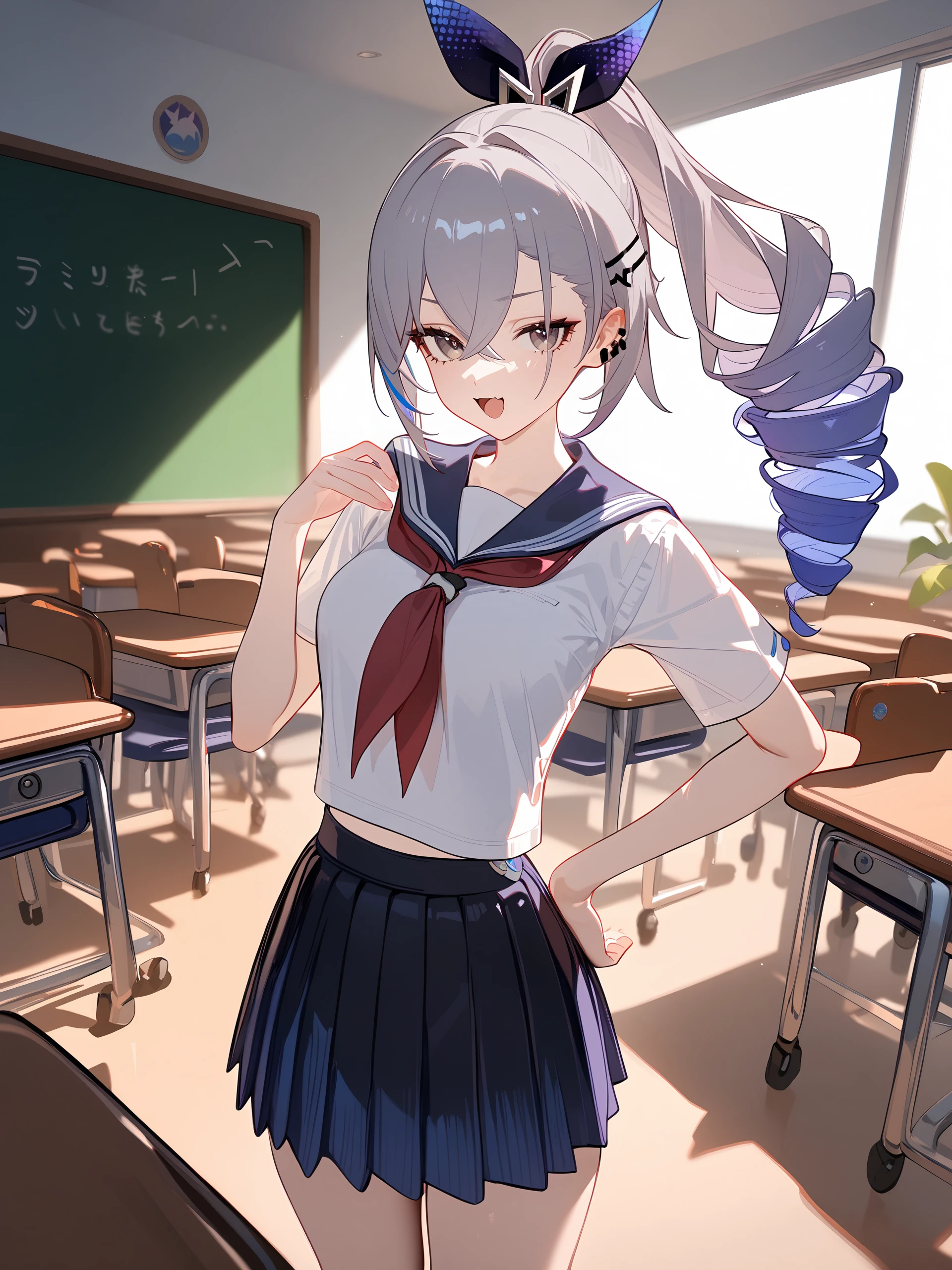 1girl, silver wolf \(honkai: star rail\), small breasts, drill ponytail,  serafuku, pleated skirt,cowboy shot, looking at viewer, smug, open mouth, naughty face, hand on hip, classroom, indoors, depth of field <lora:Char-HonkaiSR-SilverWolf-V4-SDXL:0.9:hrunet=0.7>, illustration, incredibly absurdres, ultra detailed, masterpiece, best quality, perfect features, intricate details, ray tracing, very aesthetic, newest, <lora:XL-detailed_notrigger:0.95:hrunet=0.5>, <lora:XL-aesthetic_anime:1:hrunet=0.5>,<lora:XL-NAI3:0.7>