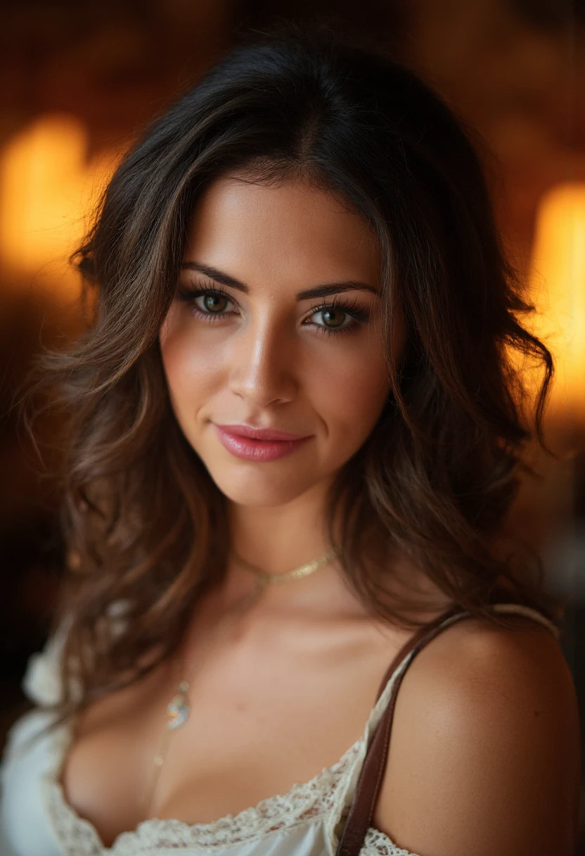 the image is a high-quality professional  close-up photograph of  beautiful hopedworaczyk .  She is wearing dolman. She is looking directly at the viewer and smiling. The background is fire. This photo is a headshot. Shot with small amount of film grain. This is a SFW image. 