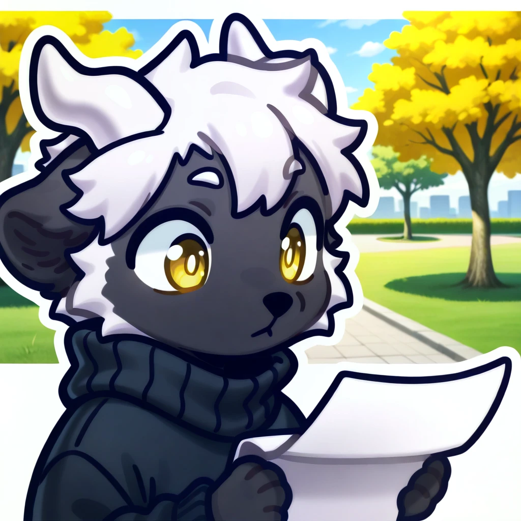 (2024, very aesthetic, newest, best quality, masterpiece,),
black fur, furry, dragon, black sweater, yellow eyes, white horns, white hair, park, park background, 1boy, solo, male, holding, bubble tea
mikus-fir, upper body