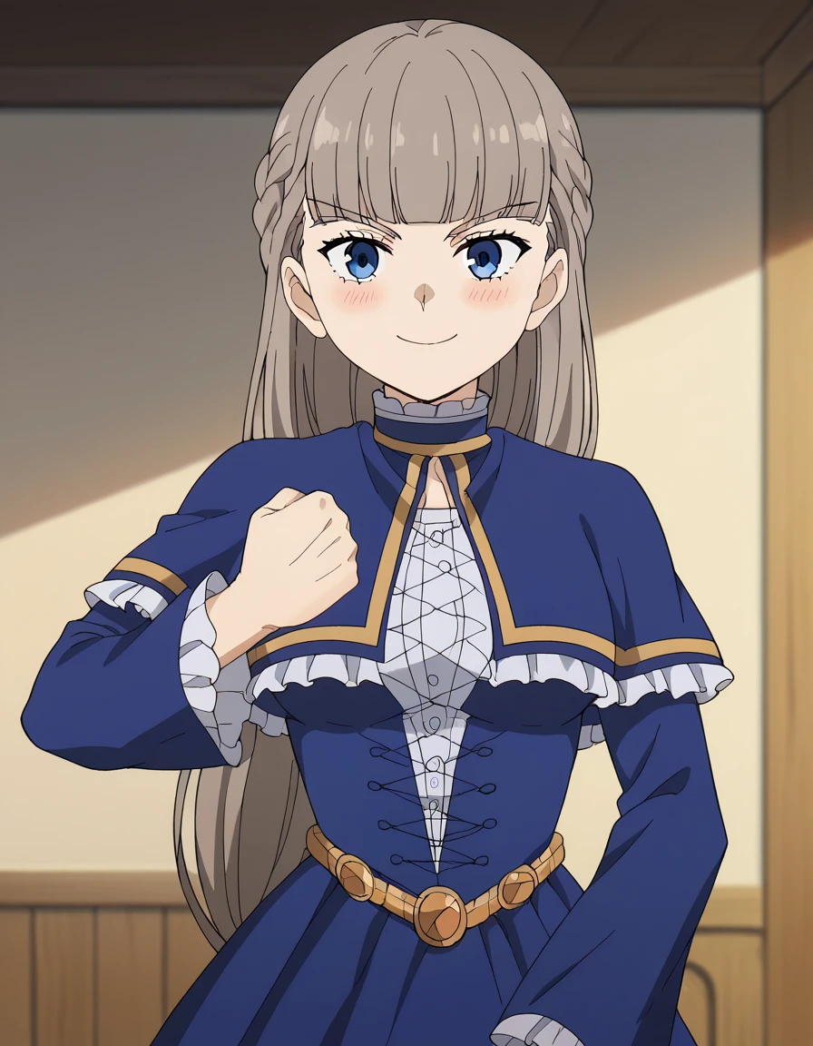 score_9, score_8_up, score_7_up, source_anime, <lora:lawine-s1-ponyxl-lora-nochekaiser:1>, lawine, long hair, bangs, blue eyes, brown hair, braid, low-tied long hair, medium breasts, anime screencap, long sleeves, dress, frills, capelet, blue dress, blue capelet,, restaurant, laughter, good food, warm lighting, celebration, smile, <lora:giorno-giovannas-pose-ponyxl-lora-nochekaiser:1>, giorno giovannas pose, giorno giovanna's pose (jojo), jojo pose, hand up, arm up, clenched hand, hand on waist, blush, shirt, smile, bed room, cowboy shot, looking at viewer, solo,, dutch angle, cowboy shot