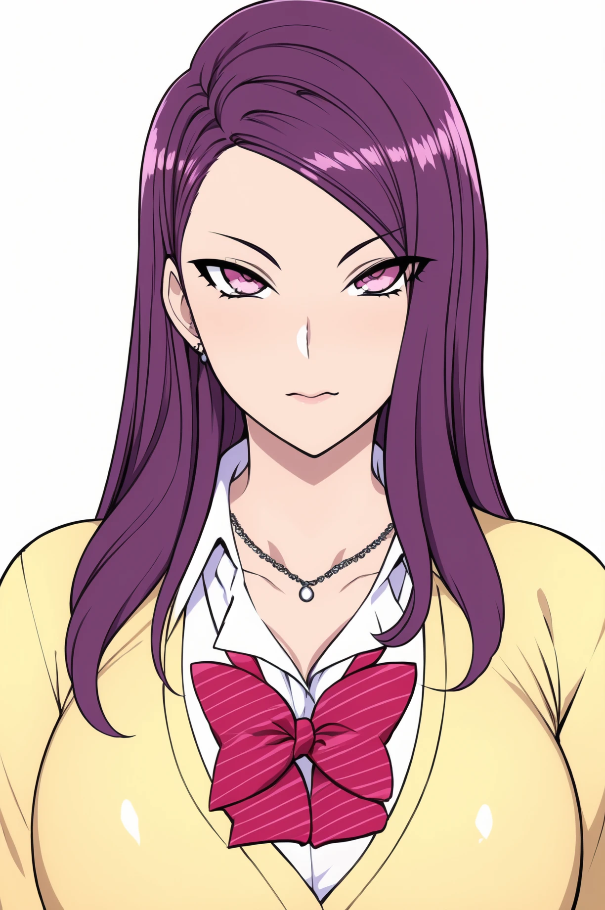 Simple Background,(White_Background:1.1),
dynamic pose,standing at attention,
school uniform, long sleeves, red bow, Yellow cardigan,
<lora:Purple_long_AiueOkaWaon-KK77-V1:0.7>, Purple_long_AiueOkaWaon, jewelry, necklace,
purple eyes, purple hair,bangs,Long hair,Makeup, red lipstick,
<lora:more_details:0.1>,<lora:NovelAI_YesMix5_KKStyle-KK77-Yes5-V1:0.3>,<lora:Oda_Non_Style2-KK77-Yes5-V1:0.3>,
1 girl, 20yo,Young female,Beautiful long legs,Beautiful body,
Beautiful Nose,Beautiful character design, perfect eyes, perfect face,expressive eyes,perfect balance,
looking at viewer,(Focus on her face),closed mouth, (innocent_big_eyes:1.0),(Light_Smile:0.3),
official art,extremely detailed CG unity 8k wallpaper, perfect lighting,Colorful, Bright_Front_face_Lighting,White skin,
(masterpiece:1.0),(best_quality:1.0), ultra high res,4K,ultra-detailed,
photography, 8K, HDR, highres, absurdres:1.2, Kodak portra 400, film grain, blurry background, bokeh:1.2, lens flare, (vibrant_color:1.2),professional photograph,
(Beautiful,large_Breasts:1.4), (beautiful_face:1.5),(narrow_waist),