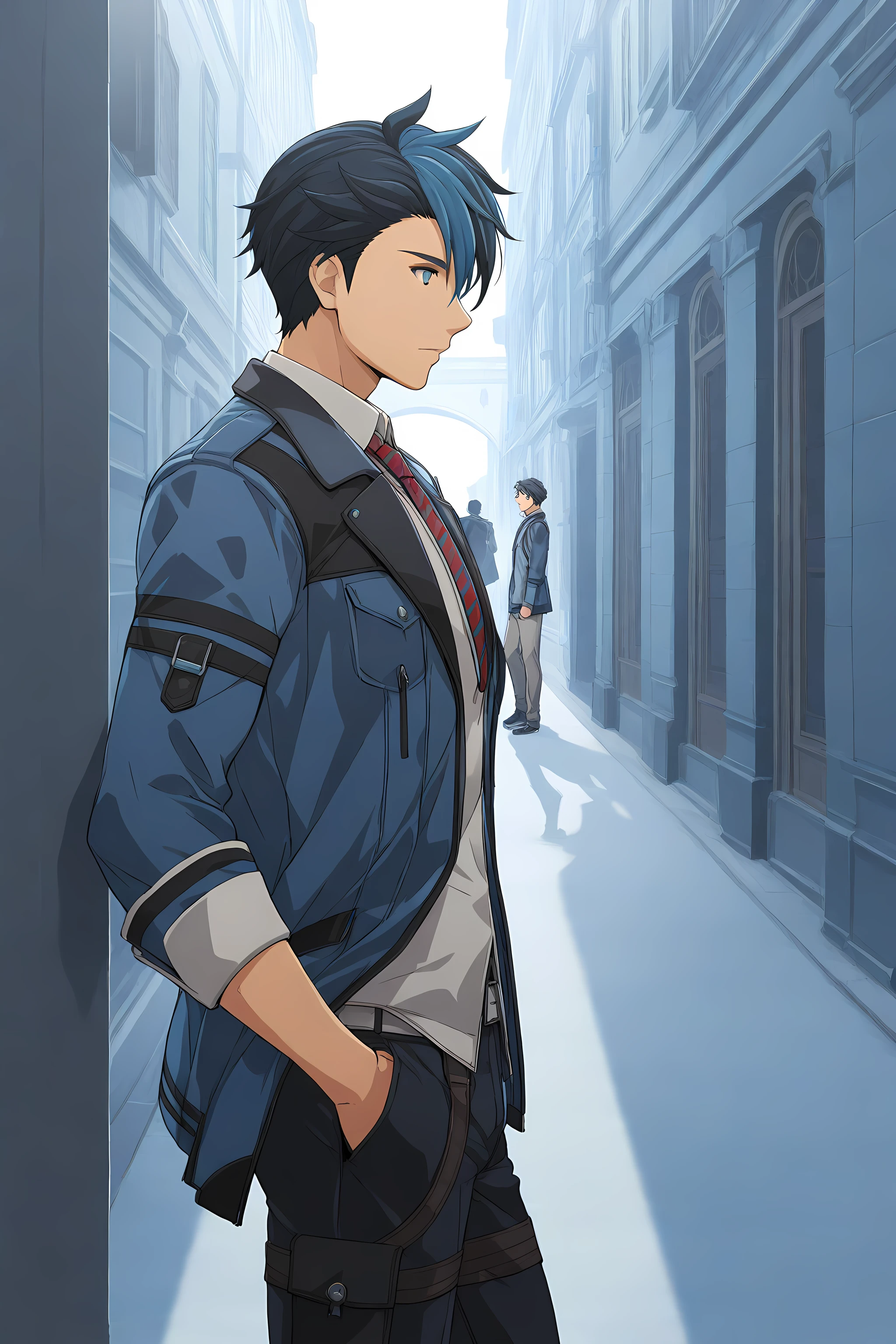 van arkride, 1boy, blue eyes, necktie, blue hair, multicolored hair, jacket, male focus, black hair, alleyway background, cowboy shot, facing other way, from side view, <lora:VanArkrideIllustXL:1>, (masterpiece),(best quality),(ultra-detailed),(best illustration),(best shadow),(absurdres),(detailed background),(very aesthetic),