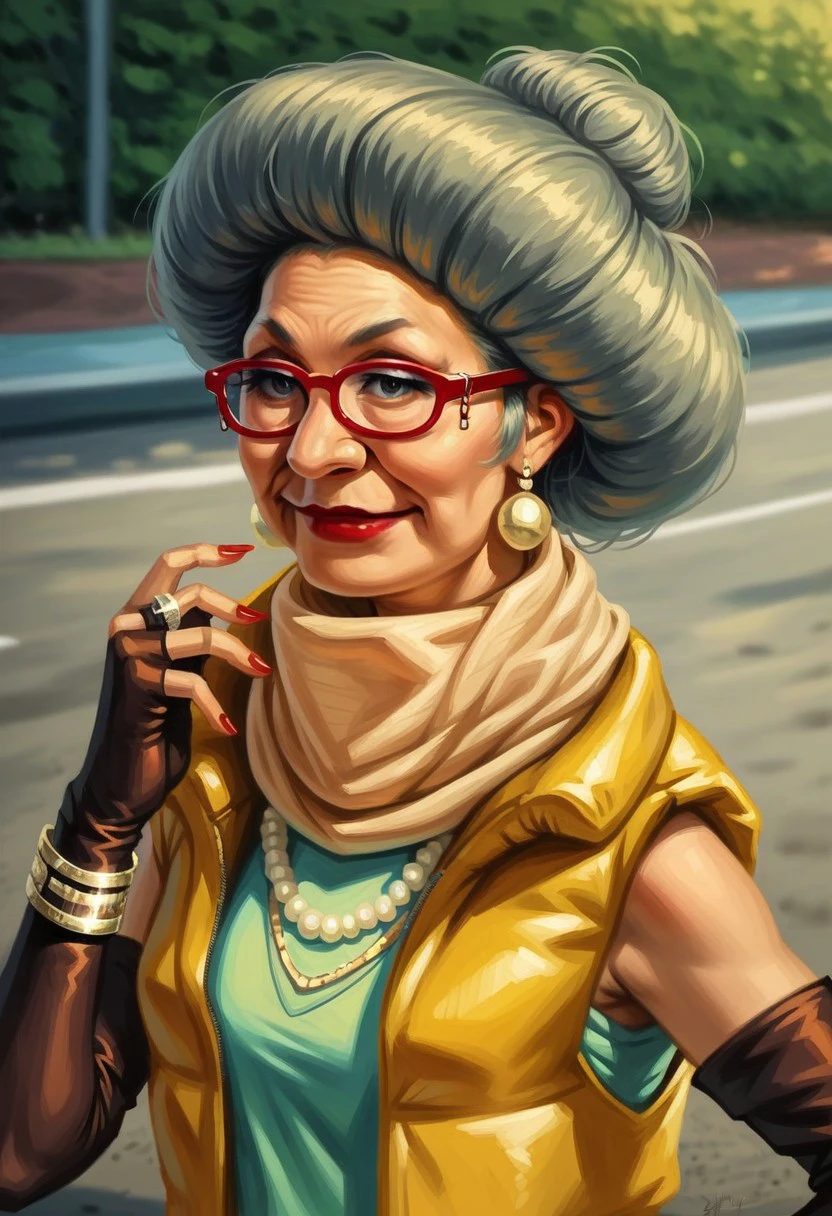 score_9_up, score_8_up, score_7_up, score_6_up, 1girl, solo, matsuko_RG, old woman, grey hair, single hair bun, red-framed eyewear, earrings, scarf, fingerless elbow gloves, nail polish, red lipstick, gold necklace, pearl necklace, bracelet, rings, leopard print pants, yellow sleeveless jacket, aqua shirt, (standing at a motor race track), hand on hip, sassy pose, sly smile, outdoors, portrait, (realistic, painted art)