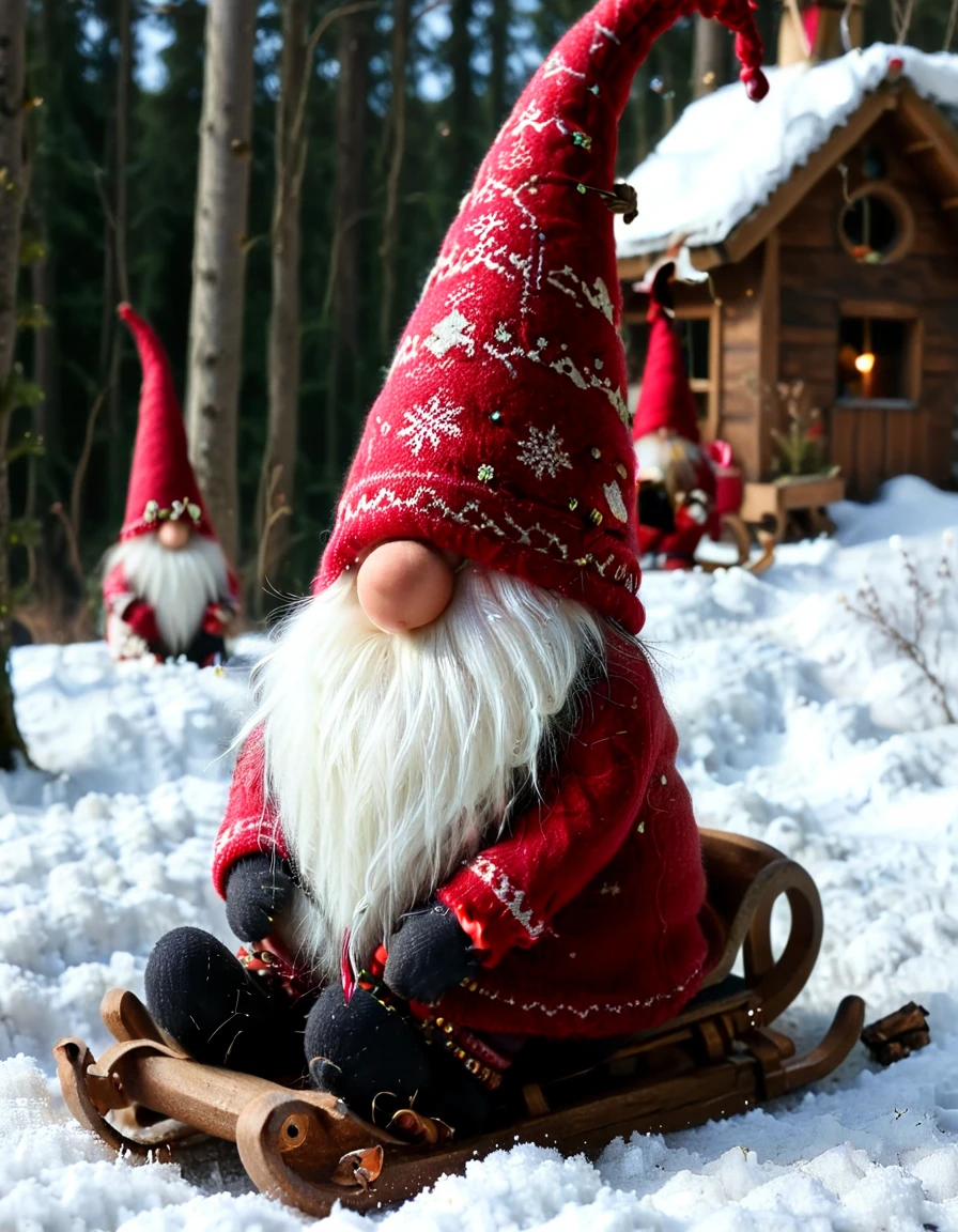 <lora:Festive_Gnome_with_covered_face_-_Tomte_-_Nisse:1> tomte, nisse, on a sledding