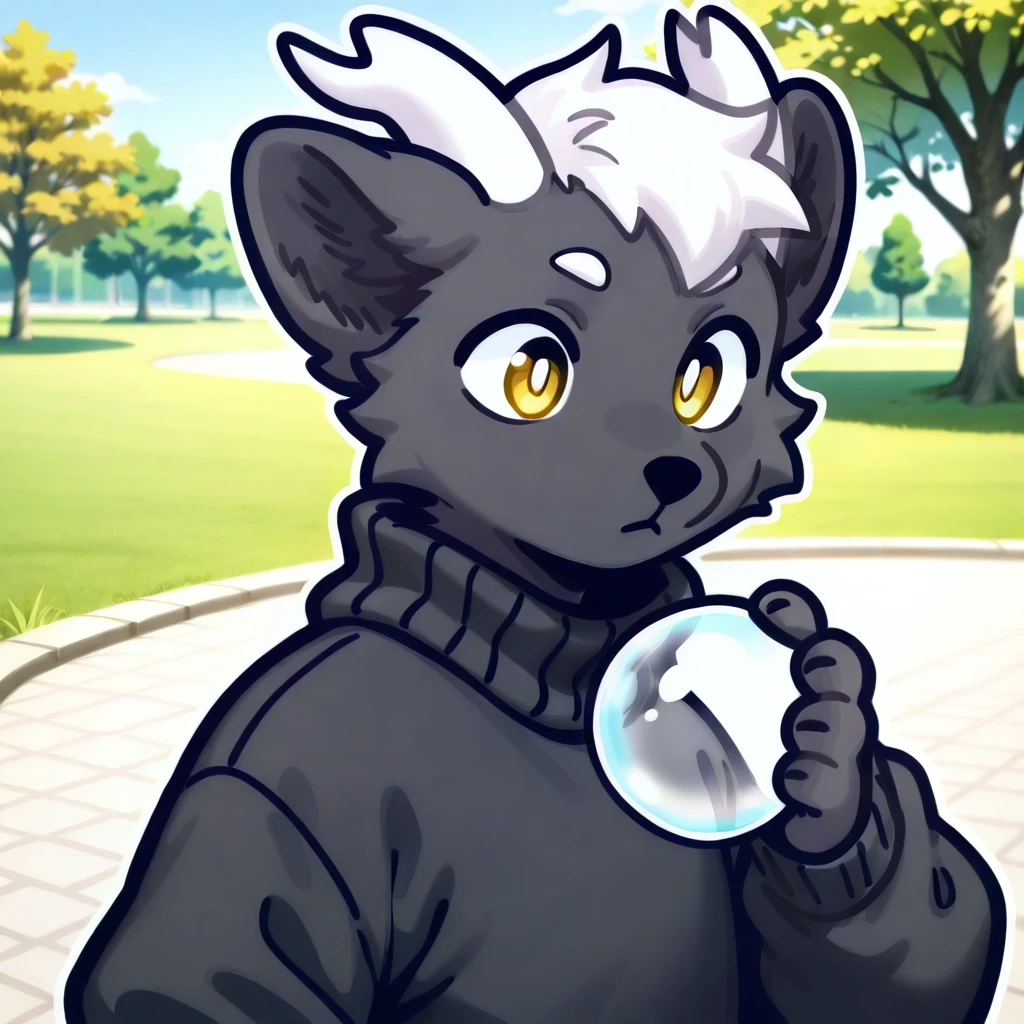 (2024, very aesthetic, newest, best quality, masterpiece,),
black fur, furry, dragon, black sweater, yellow eyes, white horns, white hair, park, park background, 1boy, solo, male, holding bubble tea
mikus-fir, upper body