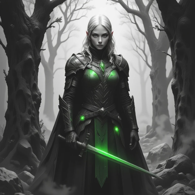 GrayscaleColorPop, A beautiful elven warrior girl stands poised in an ethereal forest. Her elegant form is framed by a grayscale scene, with intricate details in her armor and the mystical surroundings. The forest around her is shrouded in a monochromatic mist, with ancient trees and delicate foliage blending seamlessly into the background. In stark contrast, her armor gleams with a brilliant, captivating emerald green. This vivid pop of color highlights the intricacies of her armor and the strength it symbolizes, immediately drawing the viewer's gaze. The emerald green contrasts vividly against the grayscale backdrop, creating a striking visual impact that enhances the magical atmosphere of the scene. greyscale only with vibrant green. GrayscaleColorPop style <lora:GrayscaleColorPopTattooArt_Flux:1>