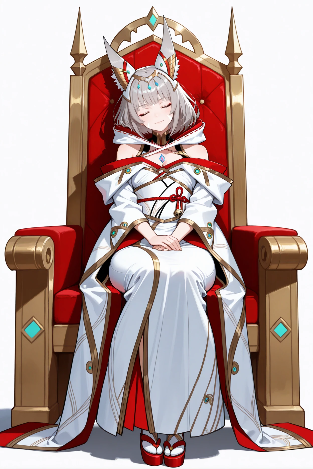 masterpiece, best quality, 1girl, solo, <lora:nia-illu-nvwls-v1_1-000006:1> xc3n1a, cat ears, grey hair, short hair, blunt bangs, facial mark, tiara, chest jewel, white kimono, off-shoulder, hood down, long dress, sandals, sitting, throne, looking at viewer, closed eyes, smile, head tilt, looking at viewer, white background, hands on own legs