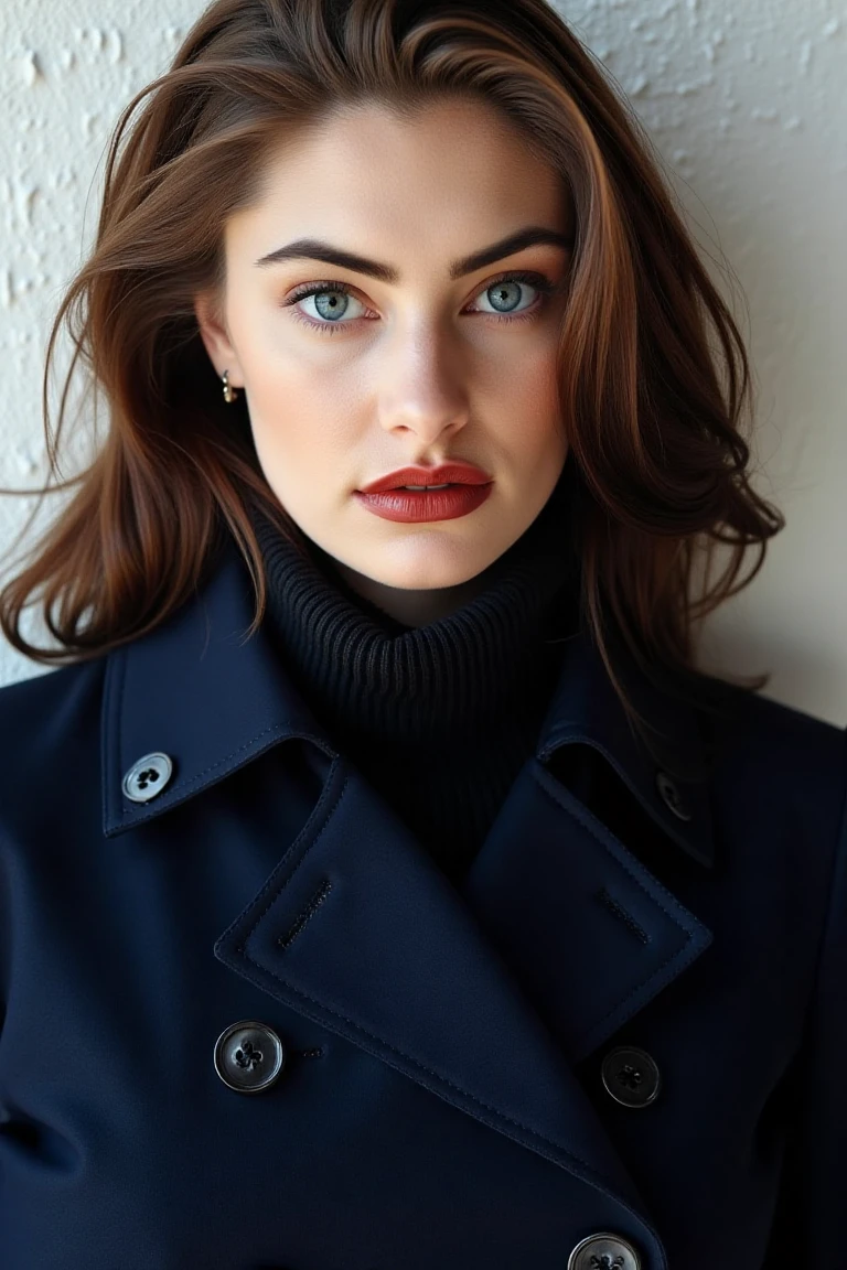 High quality realistic beauty shot of madchenflx. A close-up shot of a woman. She is wearing a dark blue double breasted trench coat. Her lips are light red color. The backdrop is a white wall.