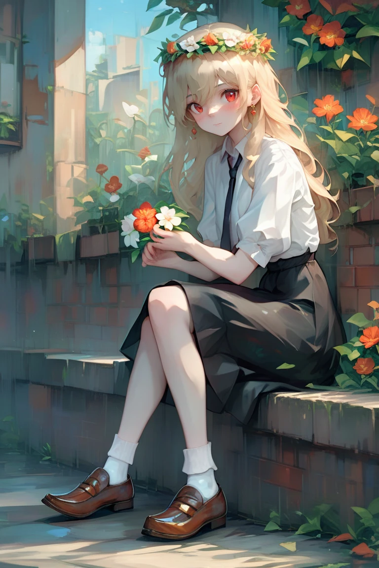 score_9, score_8_up, score_7_up, score_6_up, source anime, 1girl, solo, long hair, looking at viewer, blush, bangs, skirt, blonde hair, shirt, red eyes, holding, jewelry, sitting, closed mouth, full body, white shirt, flower, short sleeves, earrings, outdoors, necktie, shoes, day, socks, puffy sleeves, collared shirt, black skirt, brown footwear, plant, white flower, white socks, red flower, loafers, black necktie, holding flower, shirt tucked in, head wreath, flower wreath