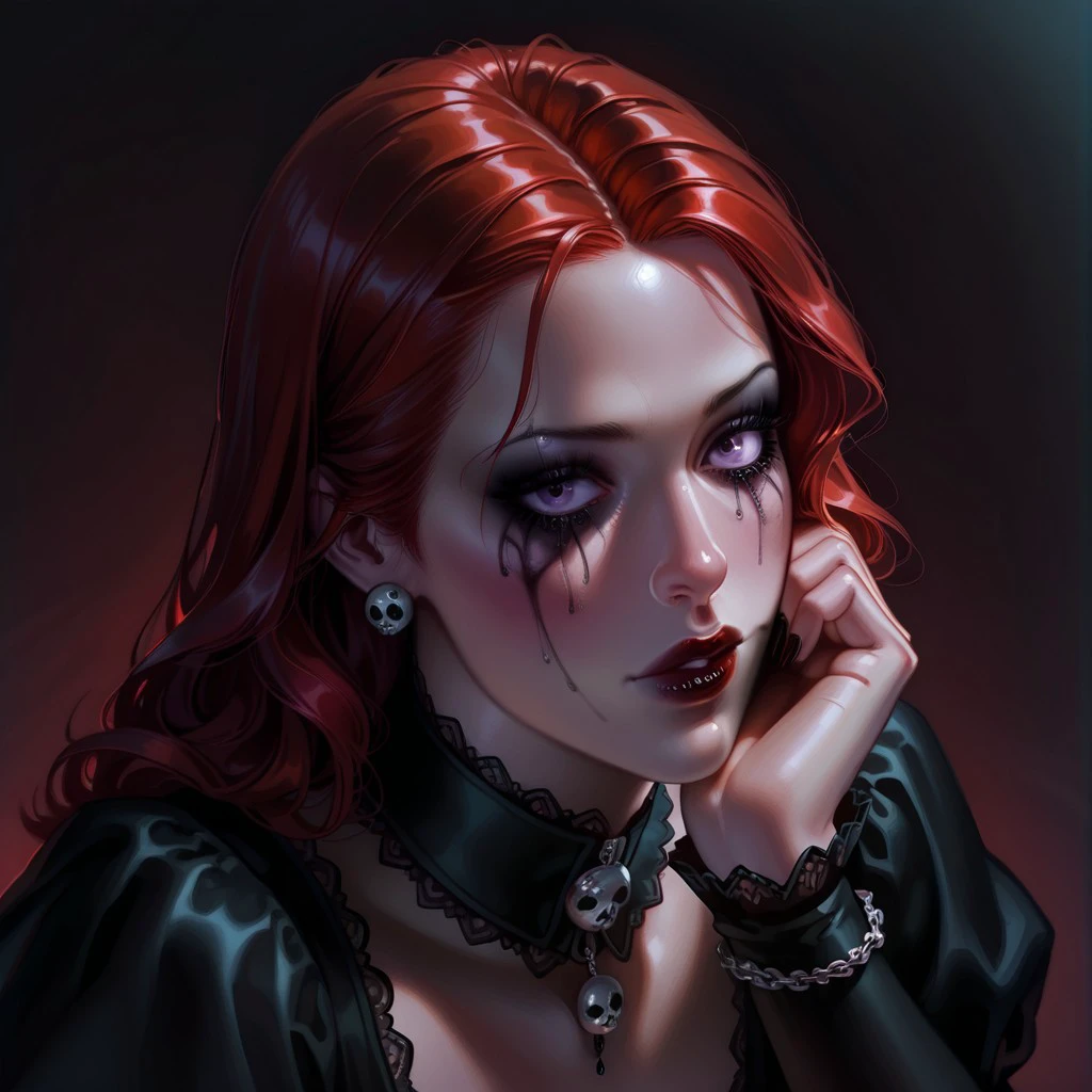 SabudenegoRealisticMixV1.0IL, semi-realistic masterpiece, best quality, 1girl, goth girl, gothic, makeup, runny makeup, red hair