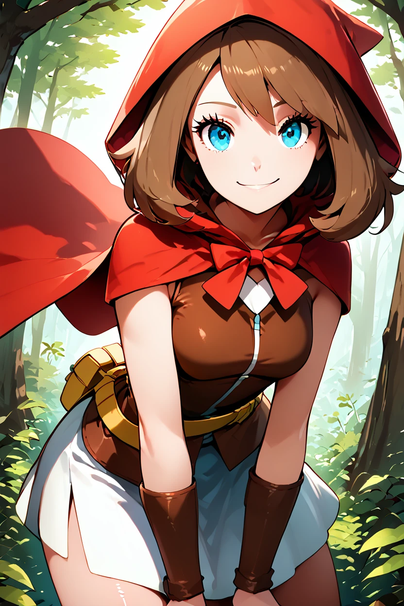 score_9, score_8_up, score_8, medium breasts, (curvy), cute, eyelashes,      ,,,  zzRedMayCitron, blue eyes, brown hair, long hair, medium hair, skirt, hood, hood up, outdoors, white skirt, red hood,  <lora:LittleRedMayPDXL:1.0>,  BREAK, looking at viewer, ,,, smile, upper body, leaning forward, head tilt, ,,, embedding:zPDXL, Expressiveh, ,,, <lora:theButcherXPDXL:0.8>, <lora:CatalystStylePDXL:0.6>, <lora:SDXLFaeTastic2400:0.5>, <lora:Expressive_H-000001:0.4>,