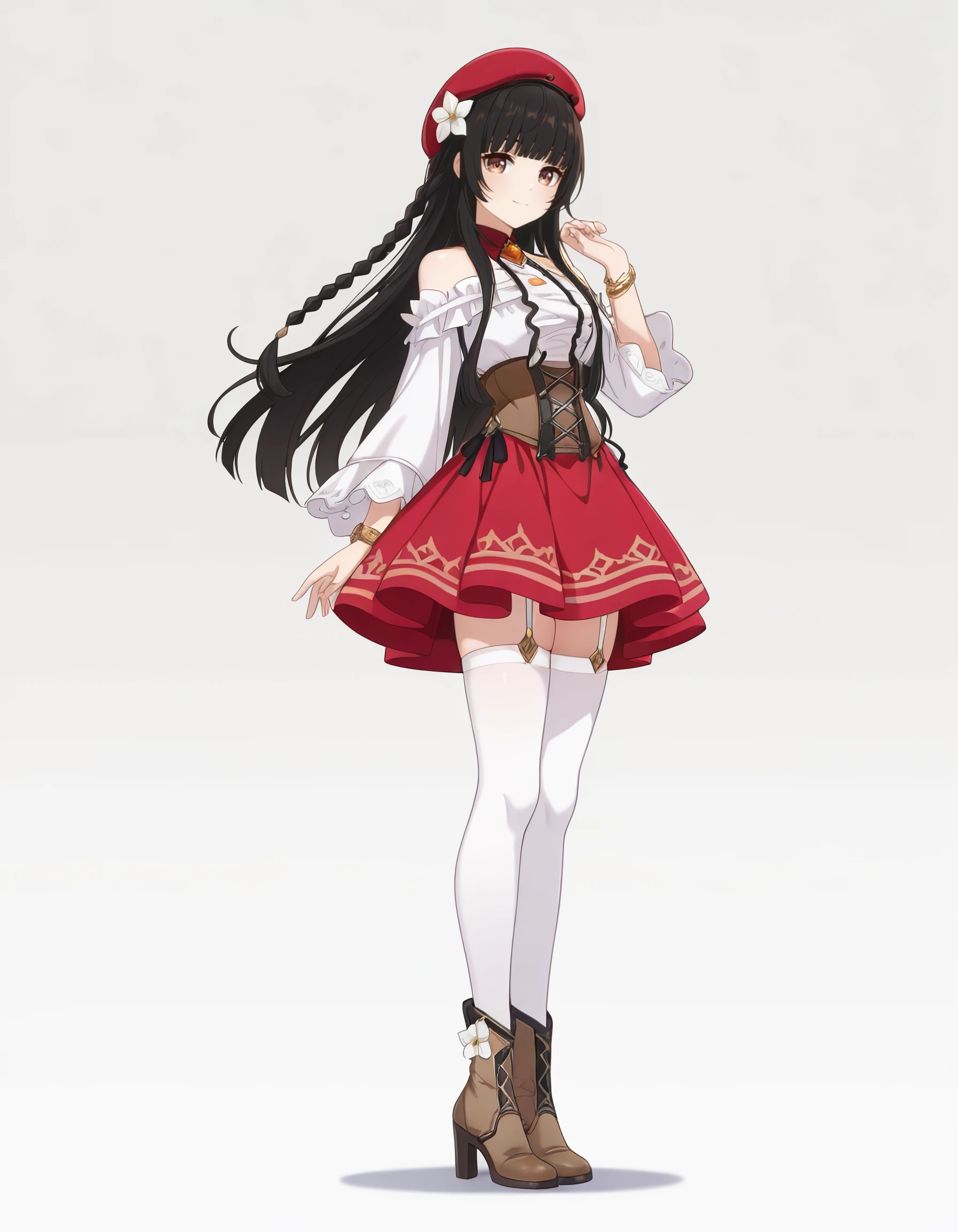 masterpiece, best quality, amazing quality,<lora:seirei_gensouki_-_miharu_ayase_il:1> ayasered, long_hair, black_hair, blunt_bangs, brown_eyes, bare_shoulders, detached_sleeves, frilled_sleeves, white_shirt, corset, red_skirt, frills, pantyhose, high_heel_boots, brown_footwear, by_rokam, vision_genshin_impact, solo, closed_mouth, white_background, white_thighhighs, garter_straps, jewelry, braid, flower, 1girl, beret, corset, genderswap, brown_corset, simple_background, white_flower, full_body, hand_up, bracelet, genderswap_mtf, twin_braids, smile, loafers, thighhighs, looking_at_viewer, asymmetrical_legwear