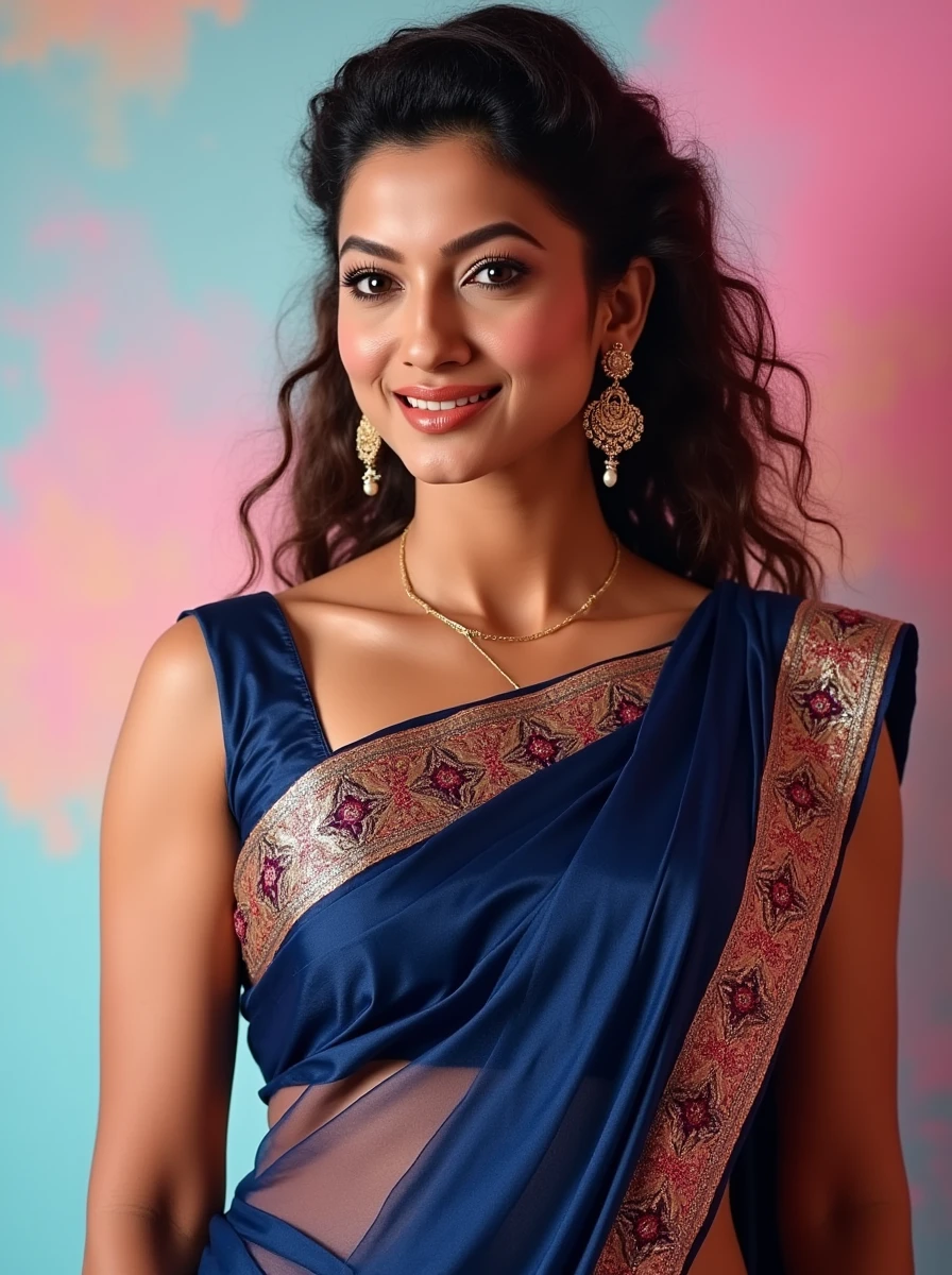 full body photo of Gauhar Khan woman,hyper realistic candid photo  serious,studio quality, wearing intricate conservative sleeveless Navy Kanjeevaram Silk Saree, curls, pastel shaded multicolored background, cinematic lighting<lora:TestBed\Gauhar_Khan_Flux_Kohya_LoRA_v1.safetensors:1.0:1.0>